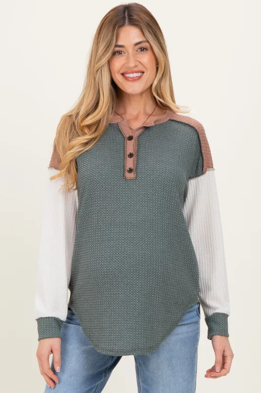 Olive Colorblock Relaxed Waffle Knit Maternity Henley sold by Pinkblush
