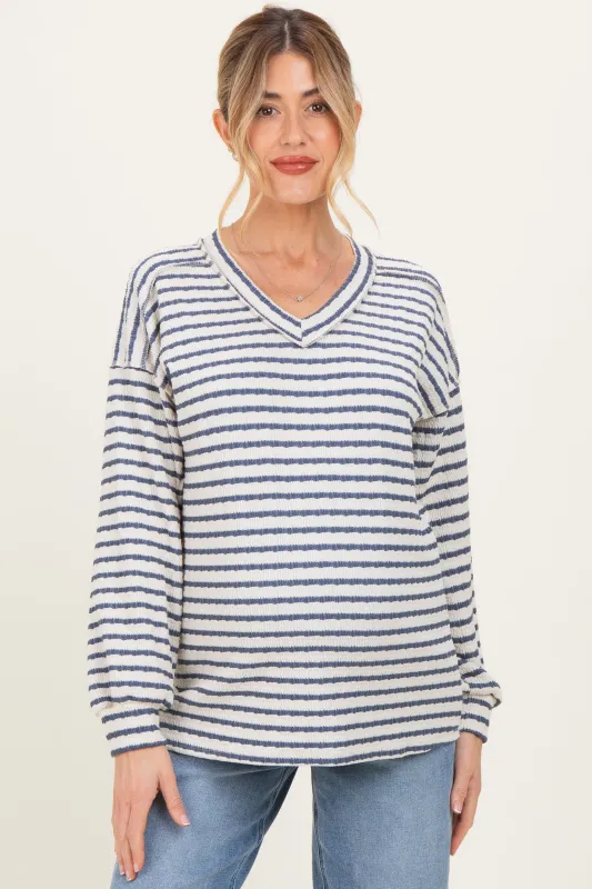 Cream/Navy Long Puff Sleeve V-Neck Striped Maternity Top sold by Pinkblush