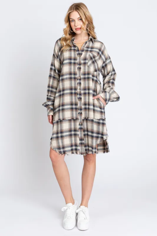 Taupe Plaid Button Down Raw Hem Dress sold by Pinkblush