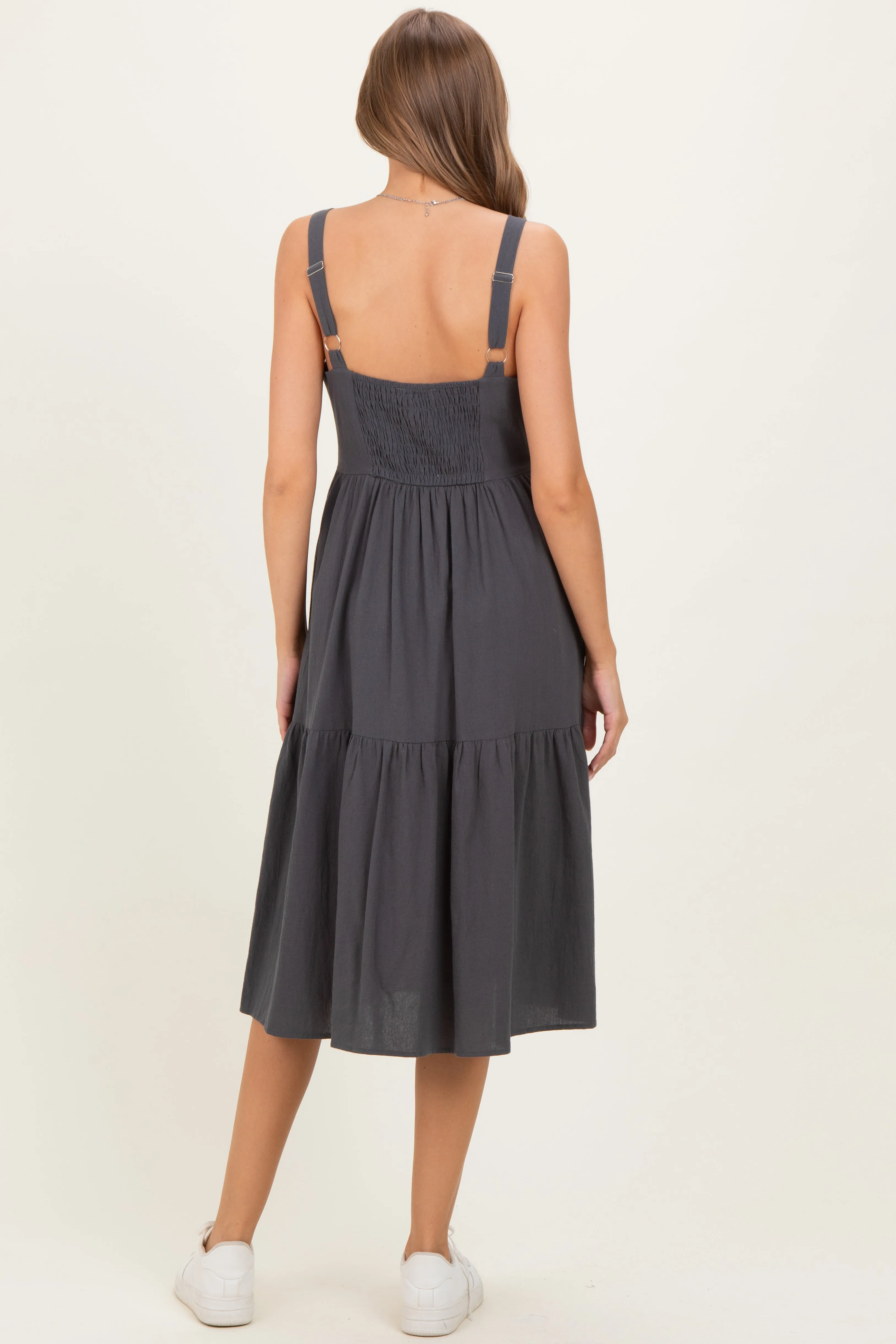 Charcoal Sleeveless Button Down Tiered Maternity Midi Dress sold by Pinkblush product image thumbnail 3