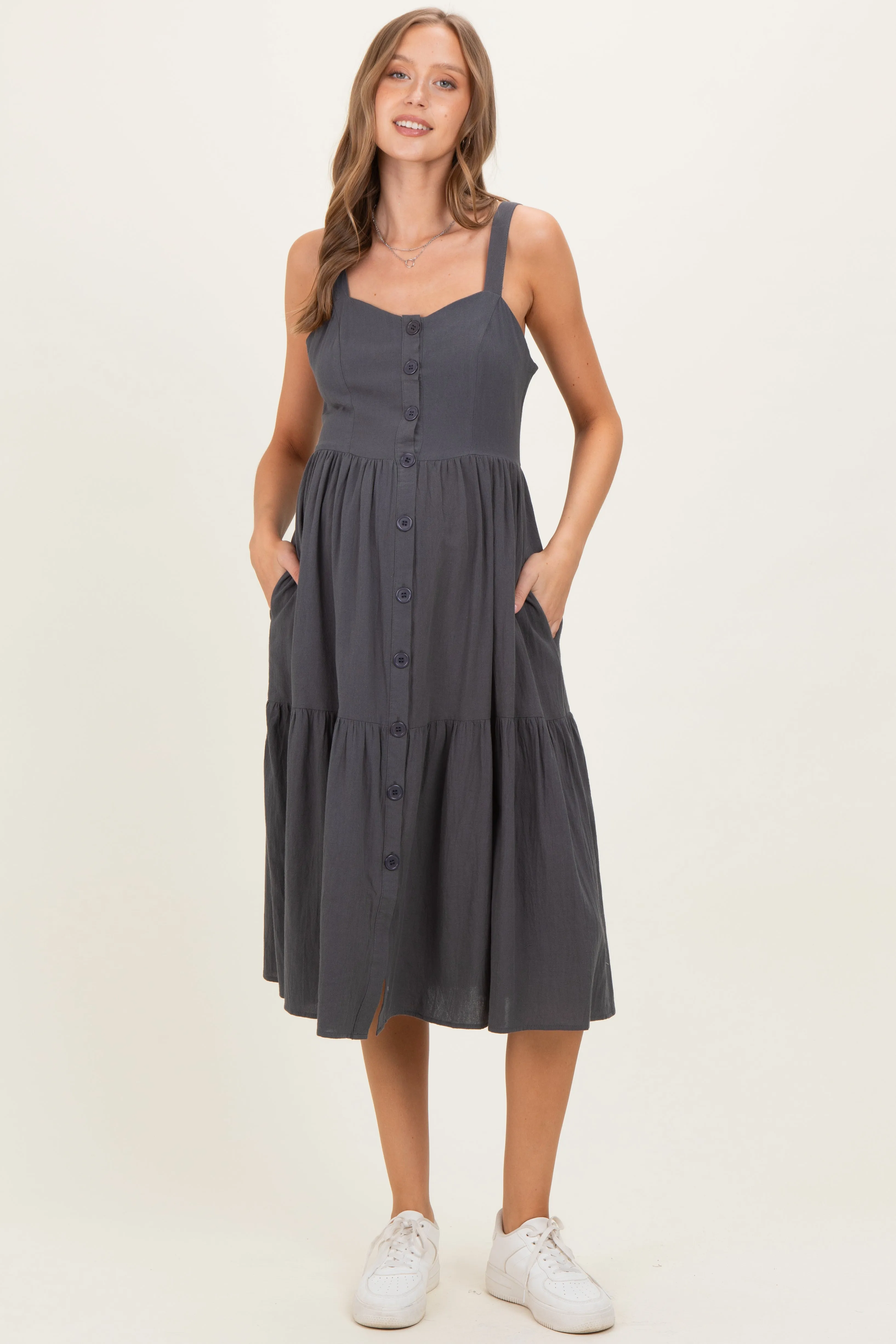 Charcoal Sleeveless Button Down Tiered Maternity Midi Dress sold by Pinkblush
