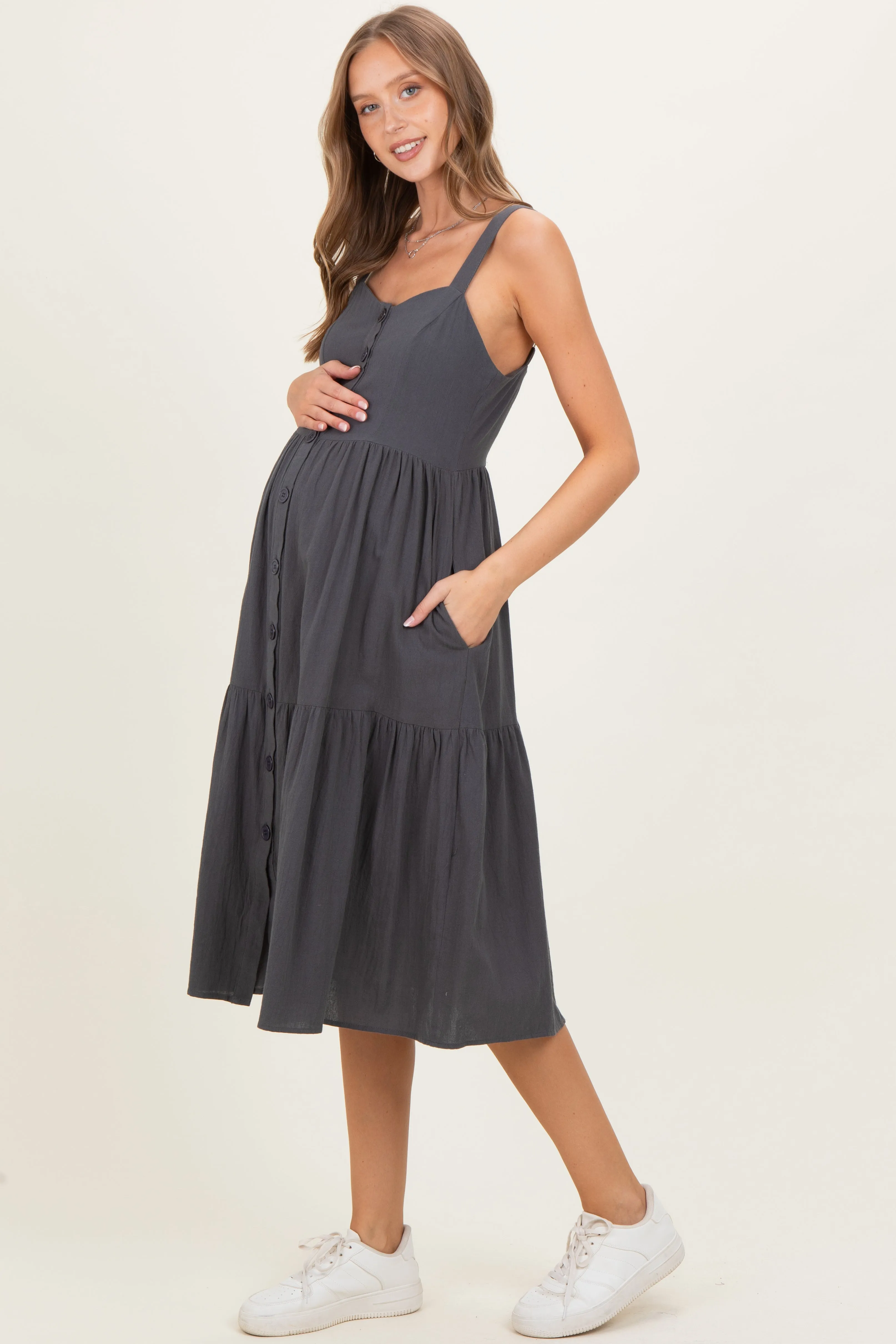 Charcoal Sleeveless Button Down Tiered Maternity Midi Dress sold by Pinkblush product image thumbnail 2
