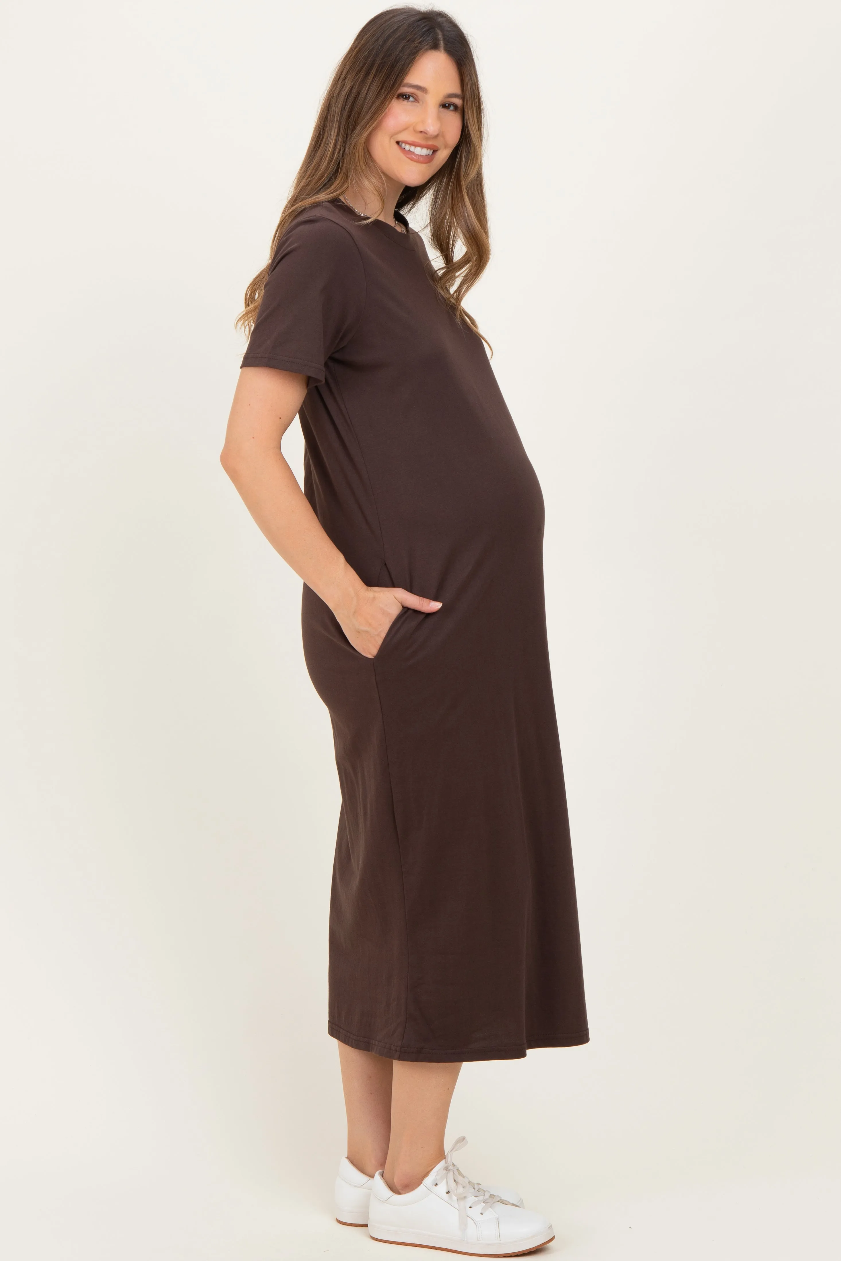 Dark Chocolate Cotton T-Shirt Maternity Midi Dress sold by Pinkblush product image thumbnail 4
