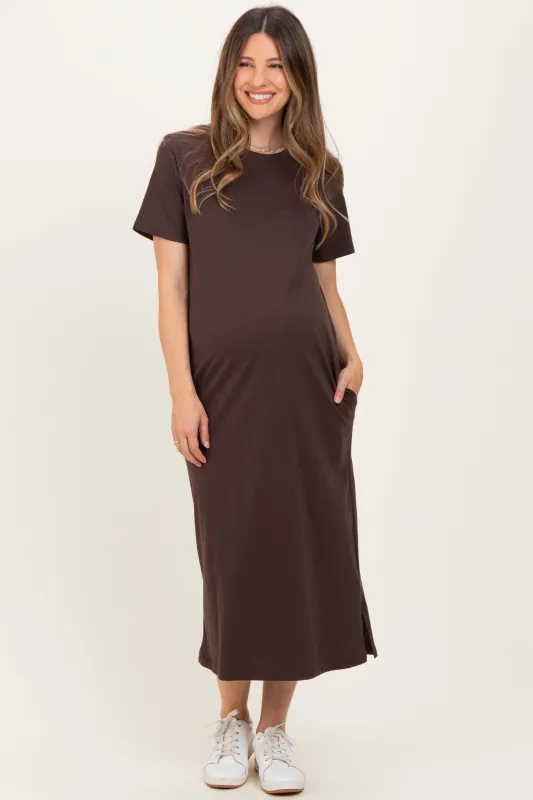 Dark Chocolate Cotton T-Shirt Maternity Midi Dress made by Pinkblush
