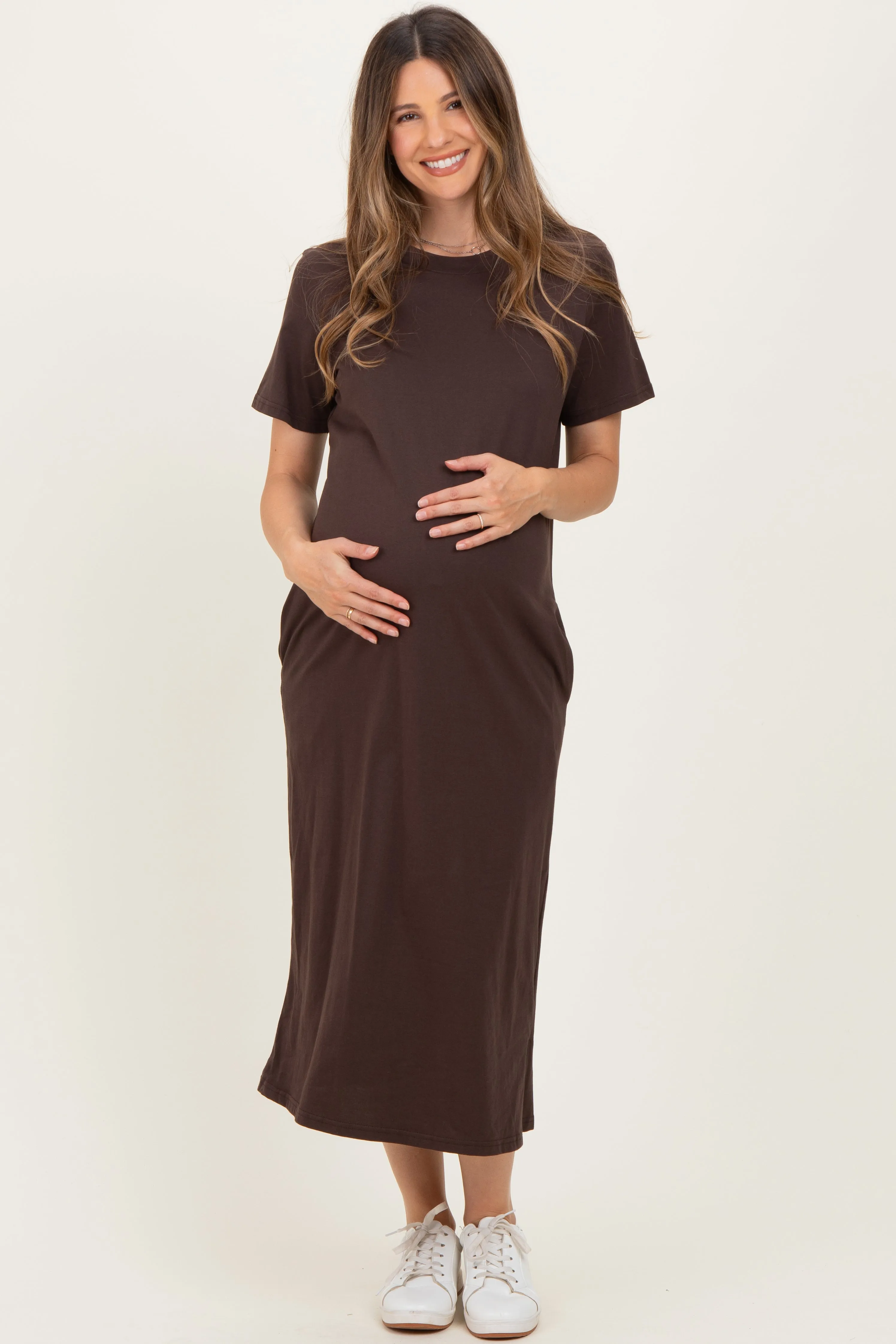 Dark Chocolate Cotton T-Shirt Maternity Midi Dress sold by Pinkblush product image thumbnail 3