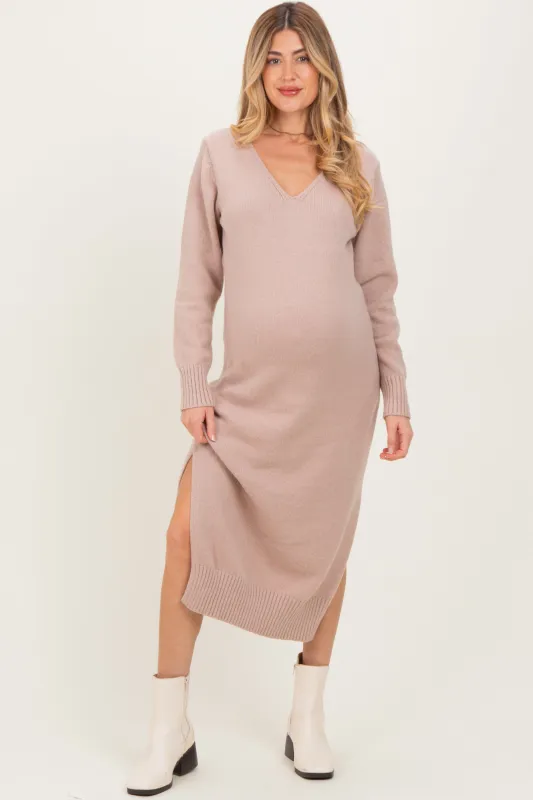 Taupe V-Neck Relaxed Fit Maternity Sweater Dress sold by Pinkblush