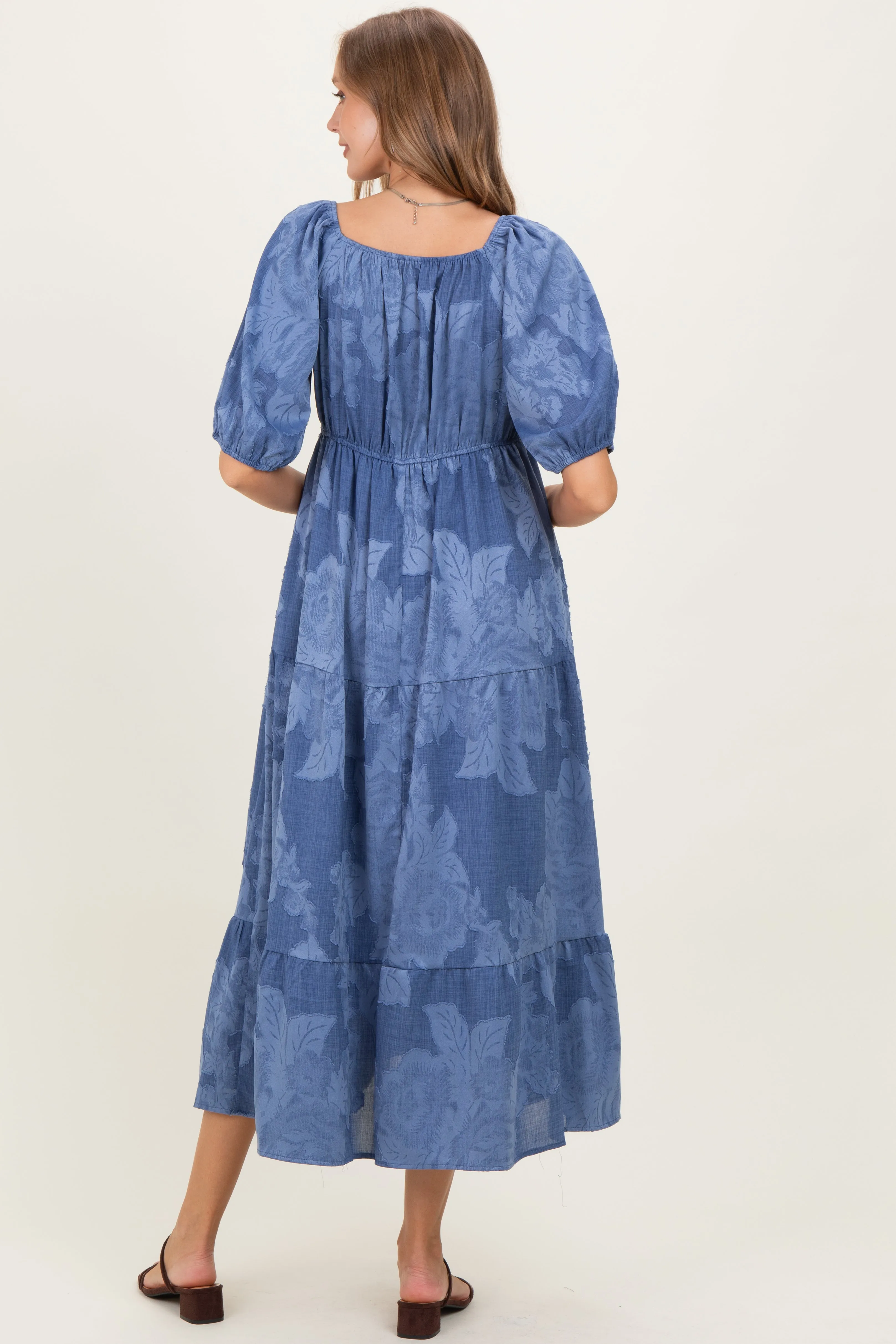 Blue Floral Textured Tiered Midi Maternity Dress sold by Pinkblush product image thumbnail 4