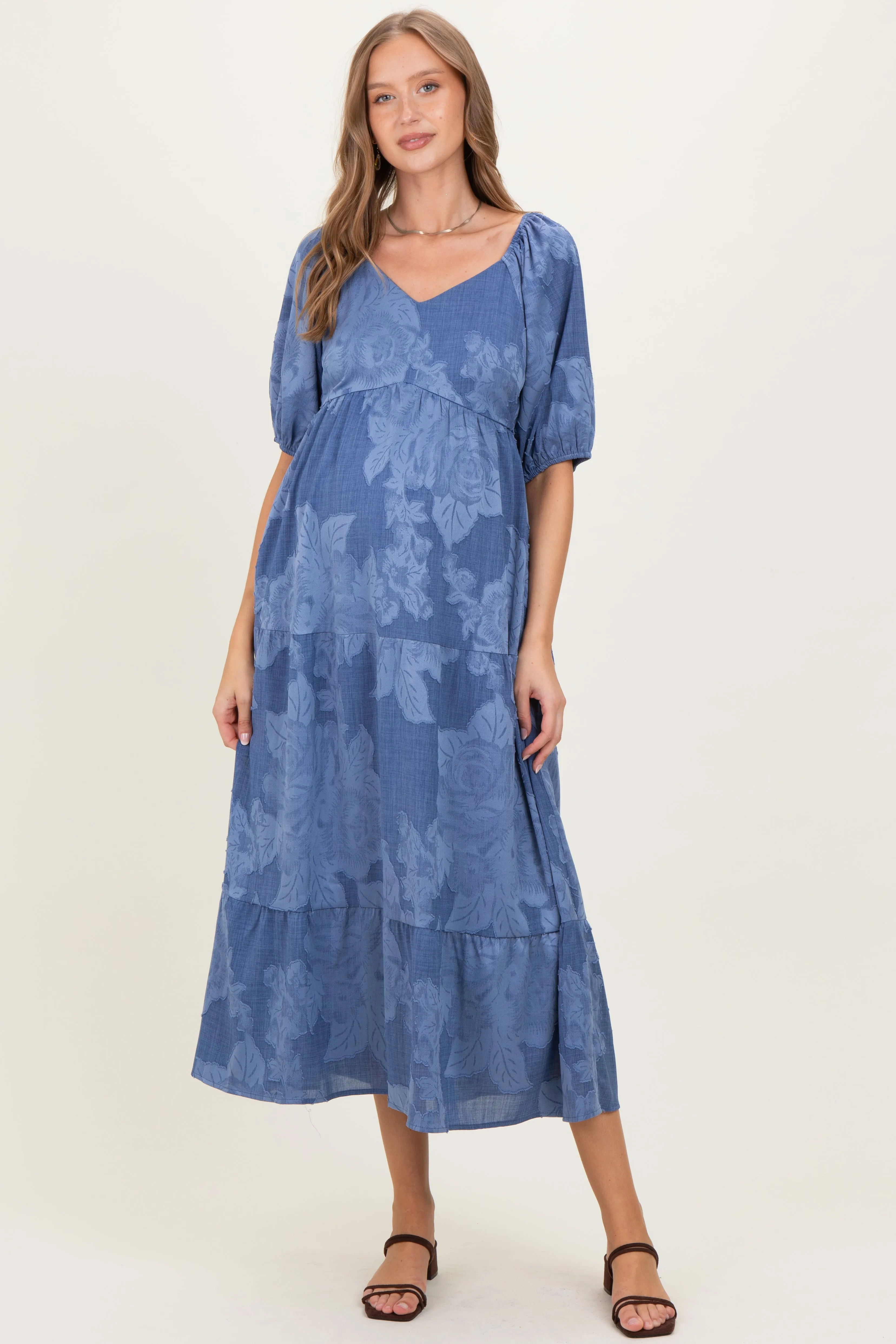 Blue Floral Textured Tiered Midi Maternity Dress sold by Pinkblush