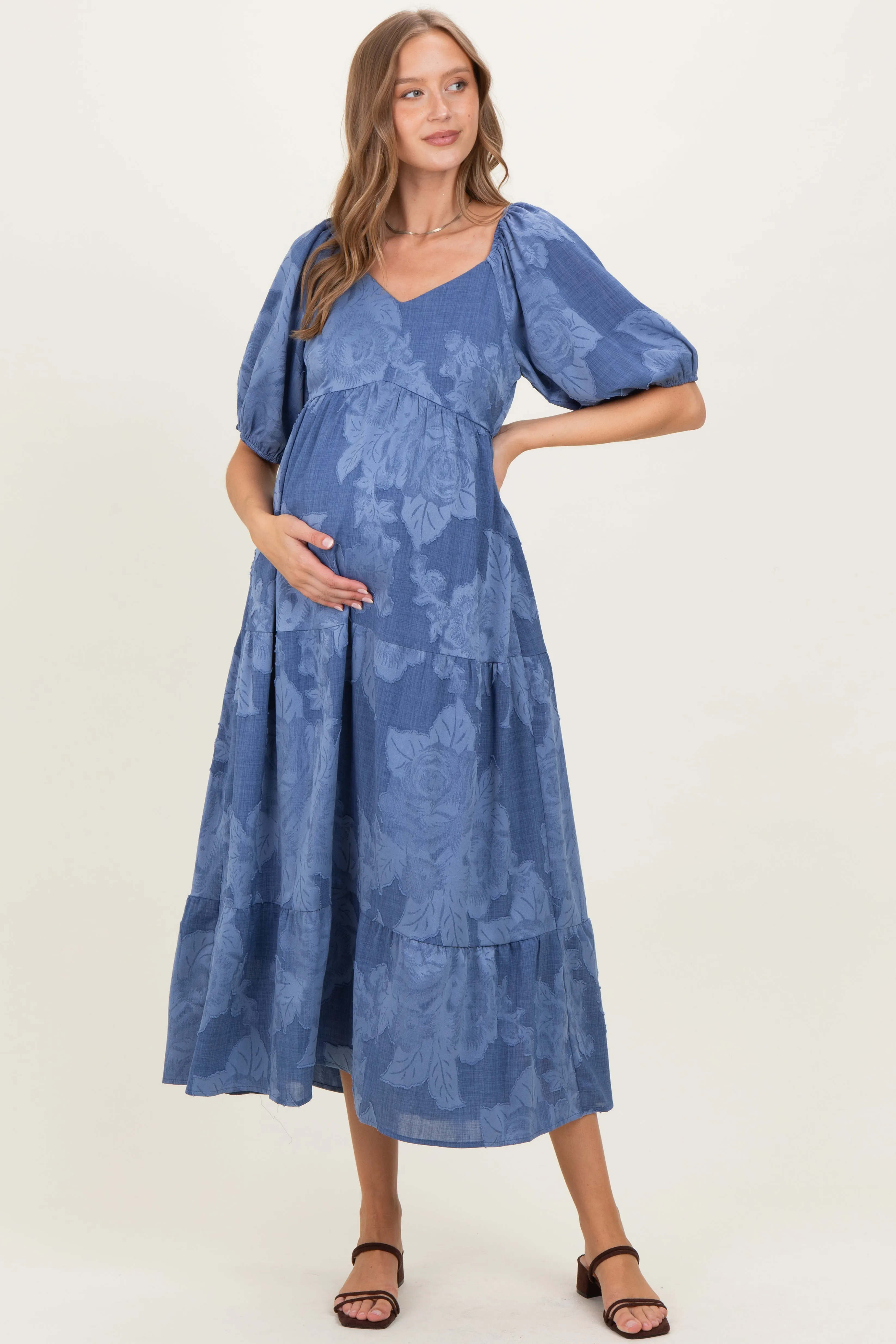 Blue Floral Textured Tiered Midi Maternity Dress sold by Pinkblush product image thumbnail 2