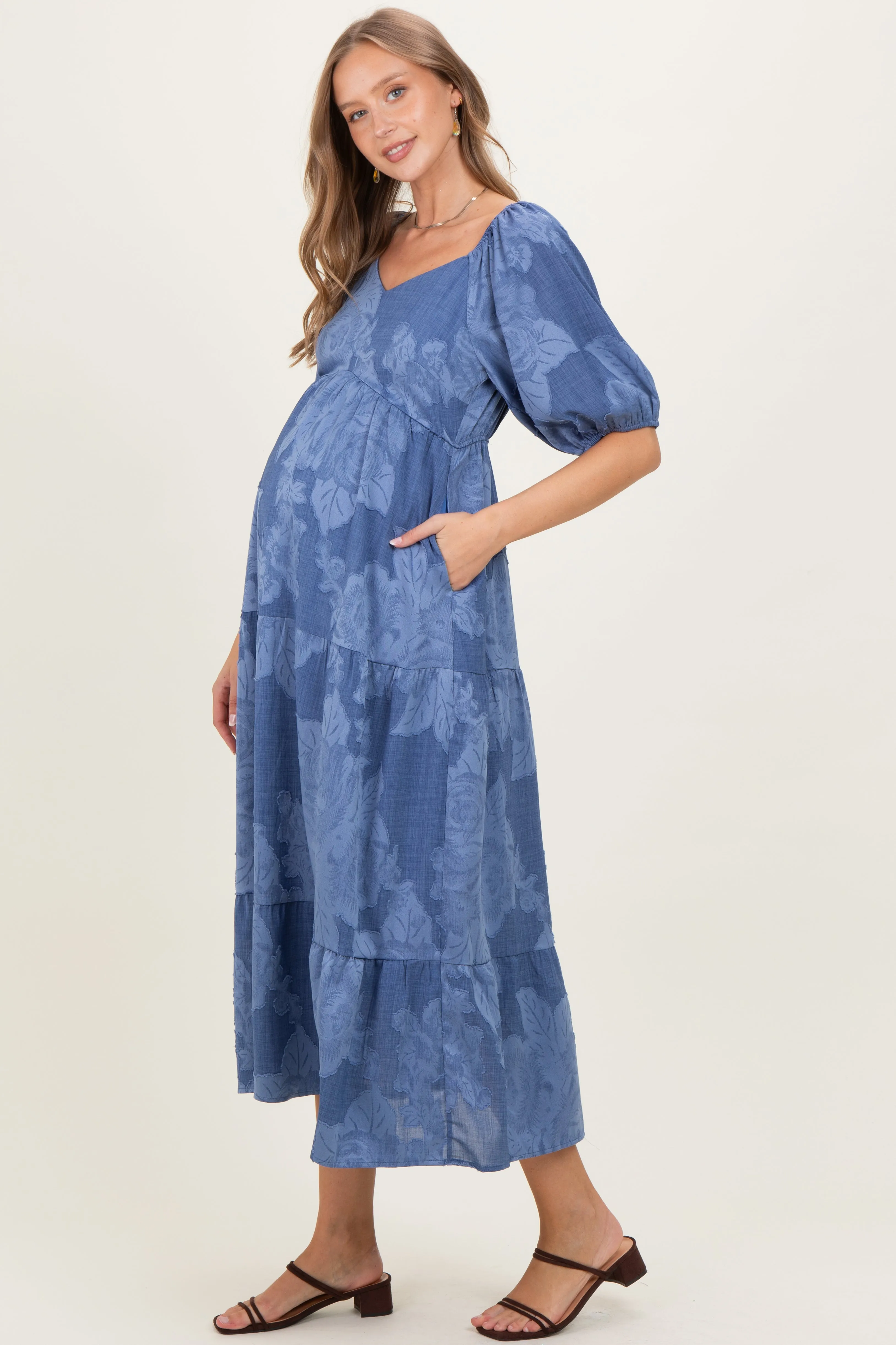 Blue Floral Textured Tiered Midi Maternity Dress sold by Pinkblush product image thumbnail 3
