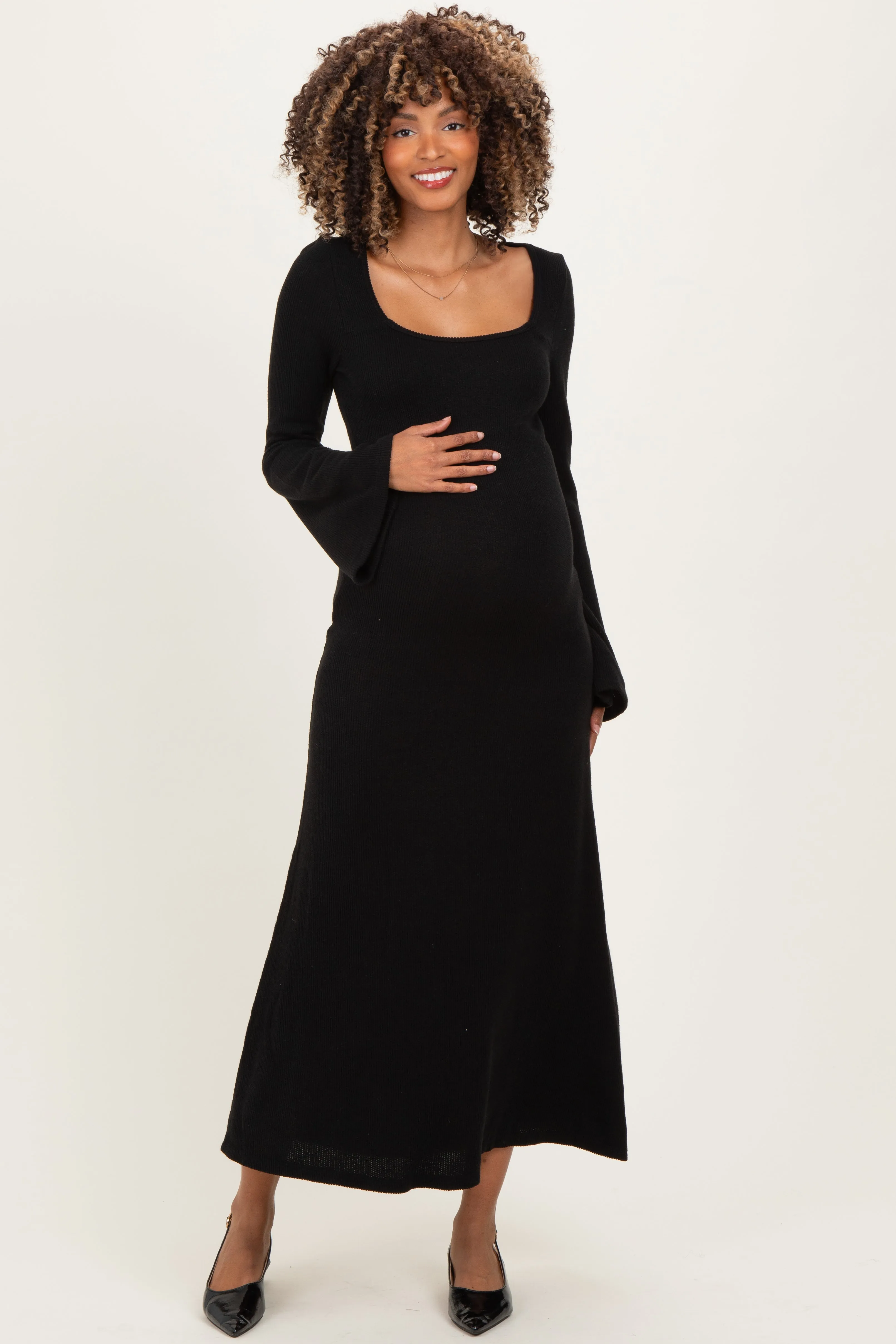 Black Solid Ribbed Long Sleeve Square Neck Maternity Maxi Dress sold by Pinkblush