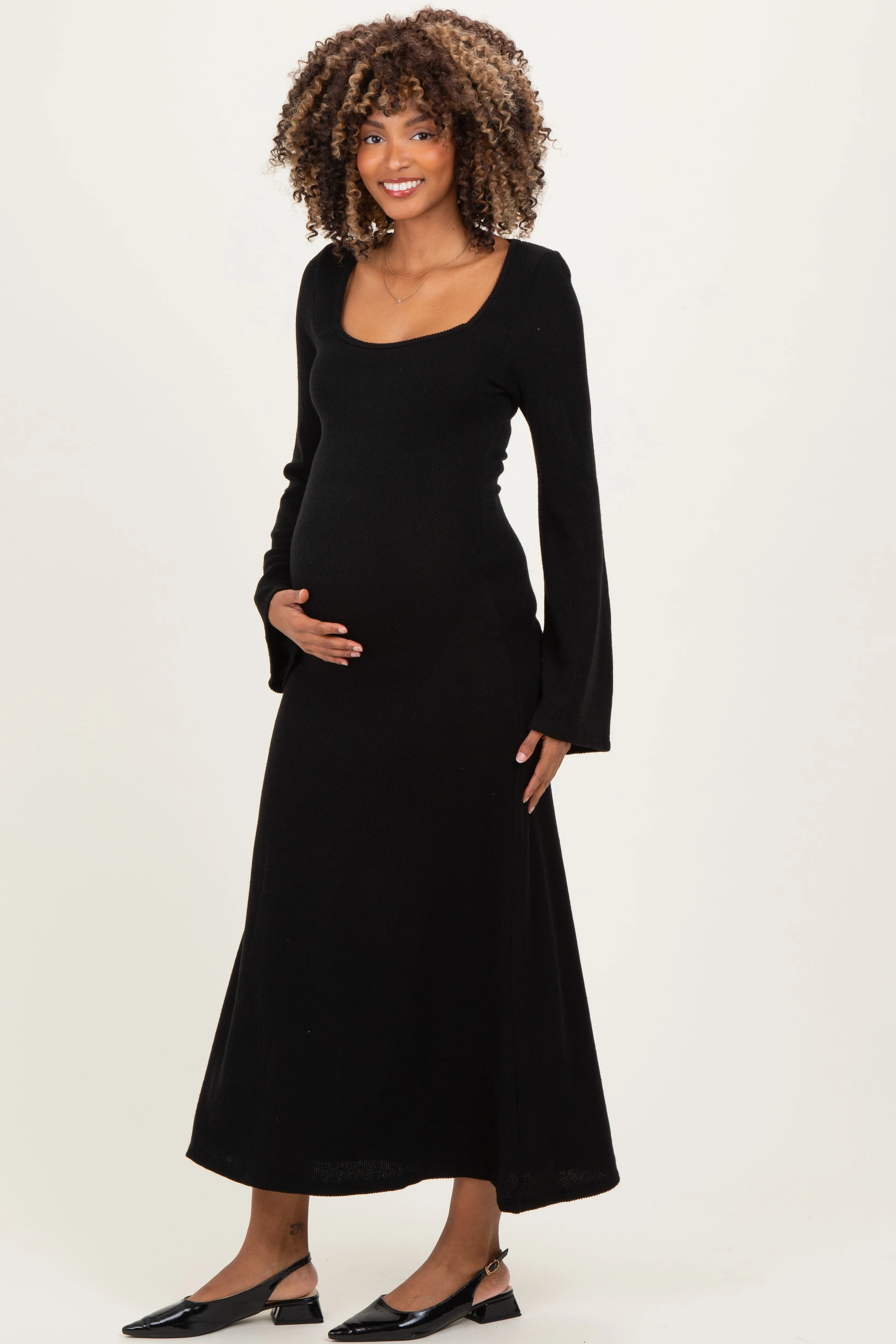 Black Solid Ribbed Long Sleeve Square Neck Maternity Maxi Dress sold by Pinkblush product image thumbnail 2