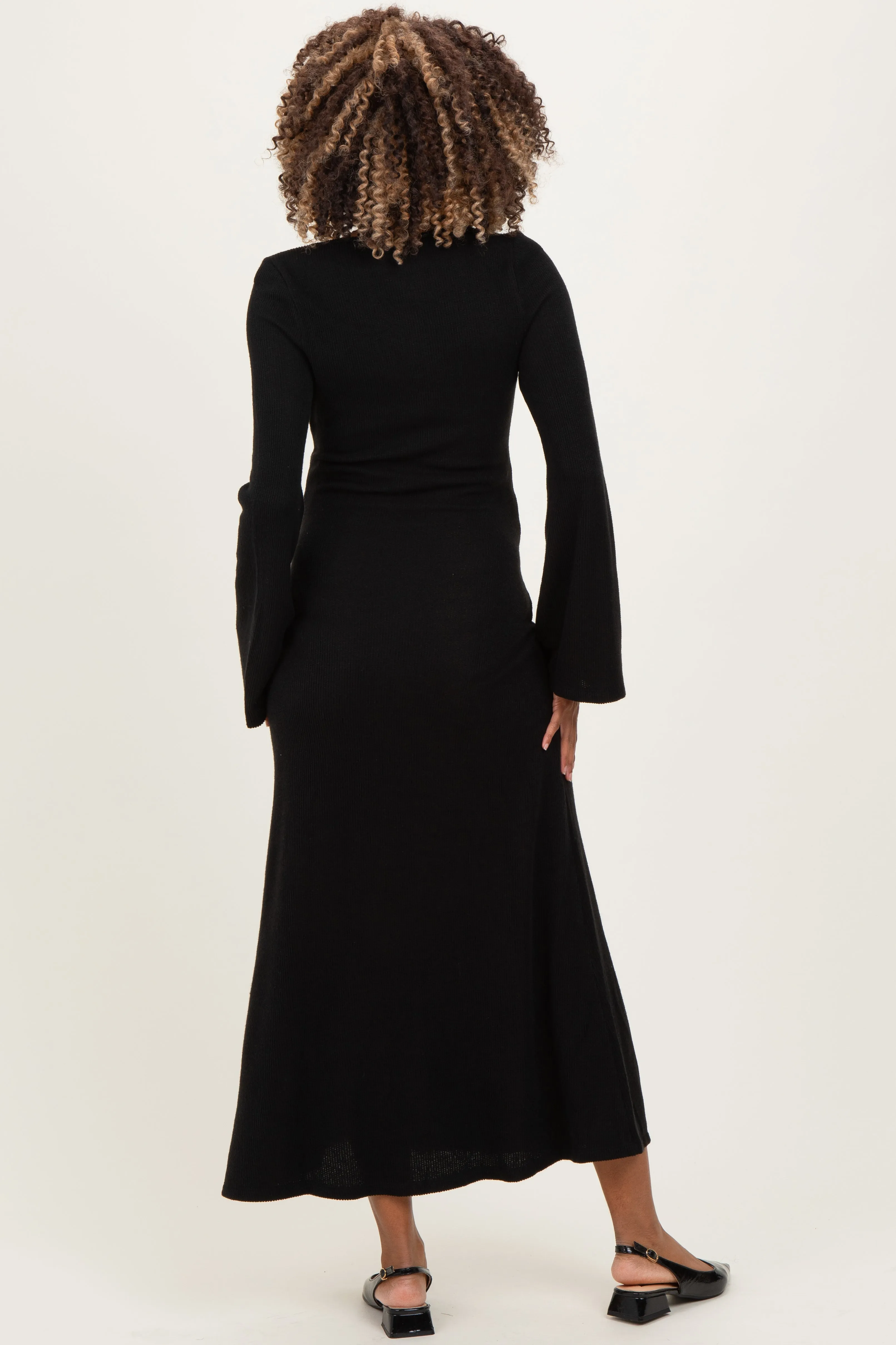 Black Solid Ribbed Long Sleeve Square Neck Maternity Maxi Dress sold by Pinkblush product image thumbnail 3