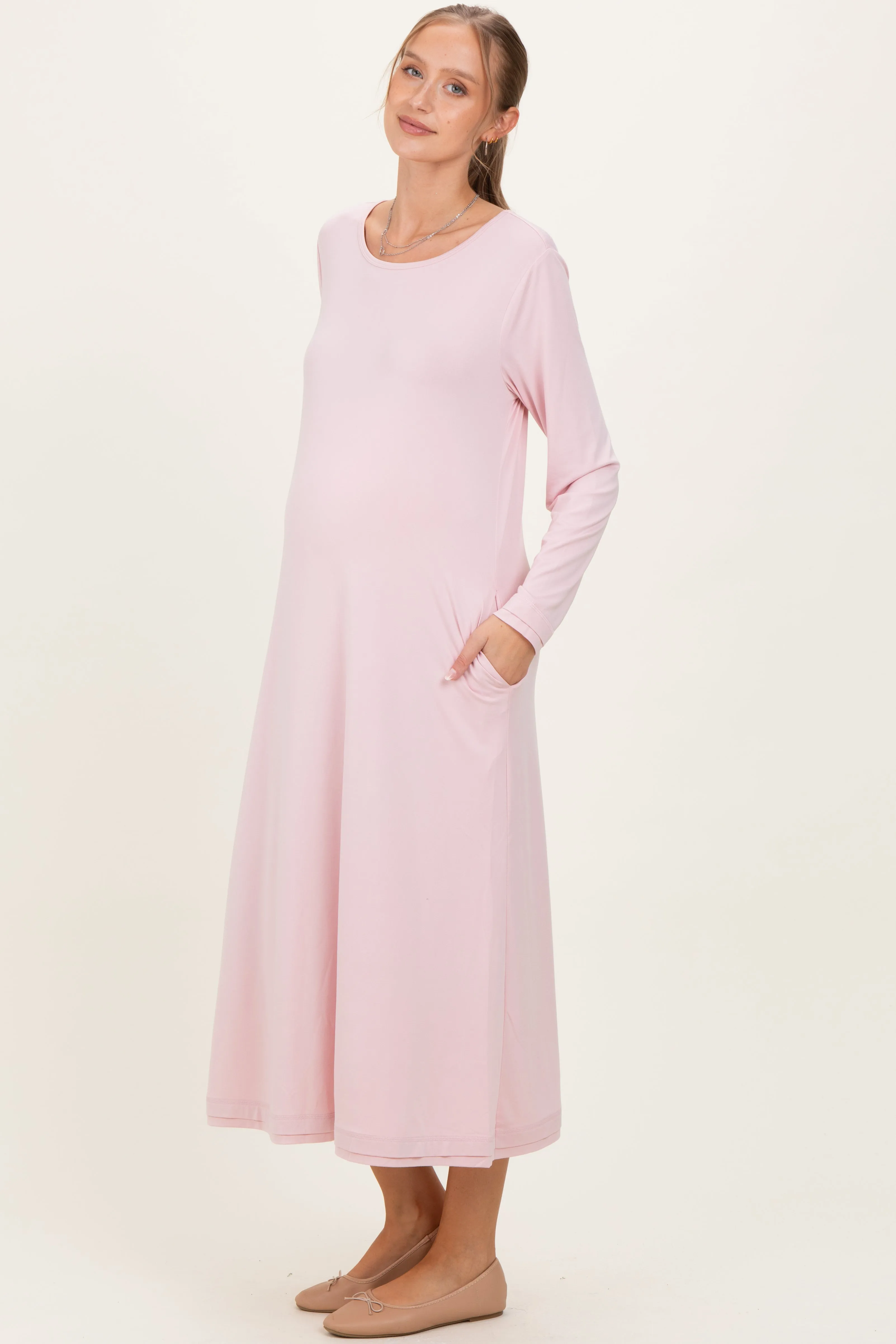 Blush Pink Relaxed Fit Long Sleeve Basic Maternity Dress sold by Pinkblush product image thumbnail 3