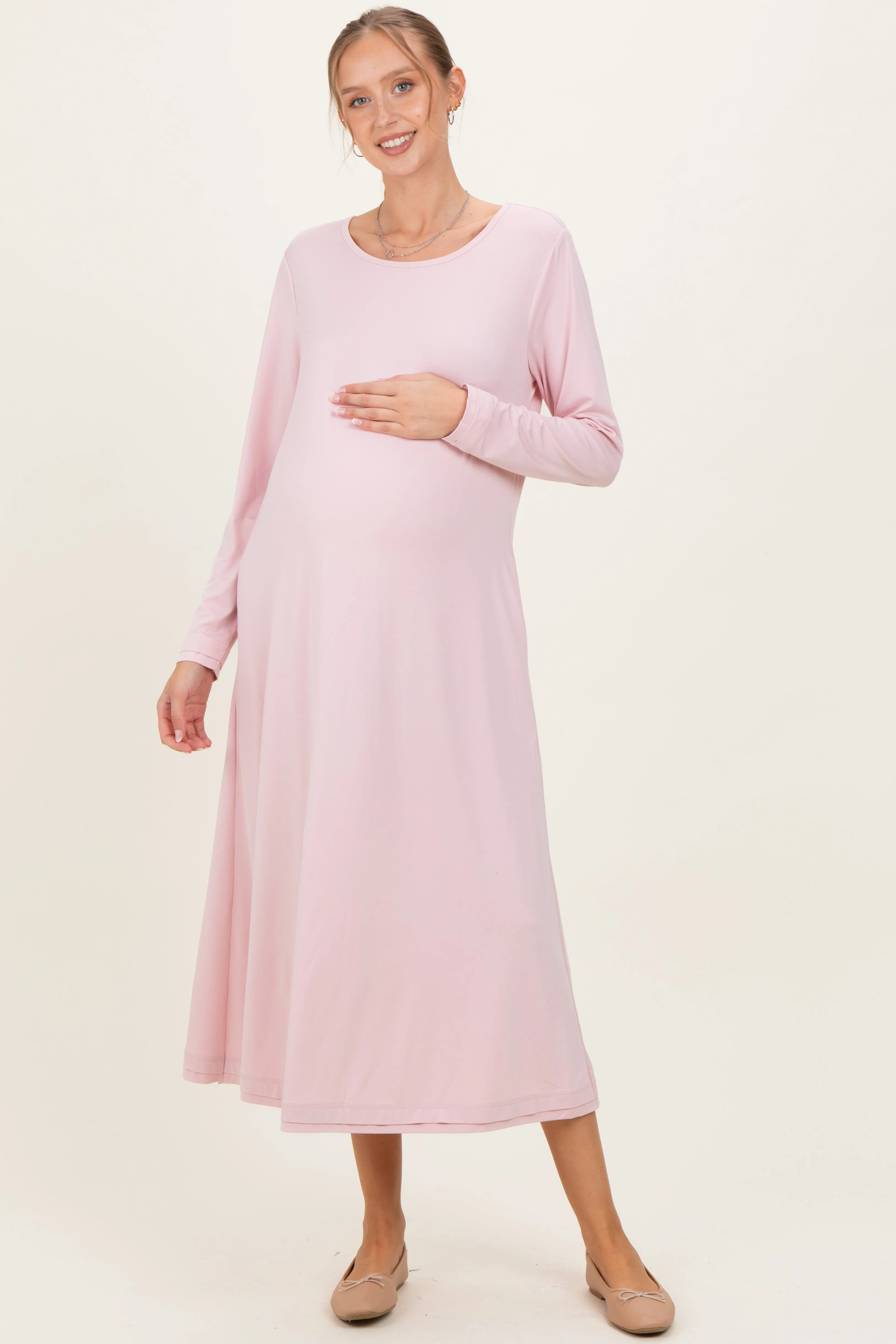 Blush Pink Relaxed Fit Long Sleeve Basic Maternity Dress sold by Pinkblush
