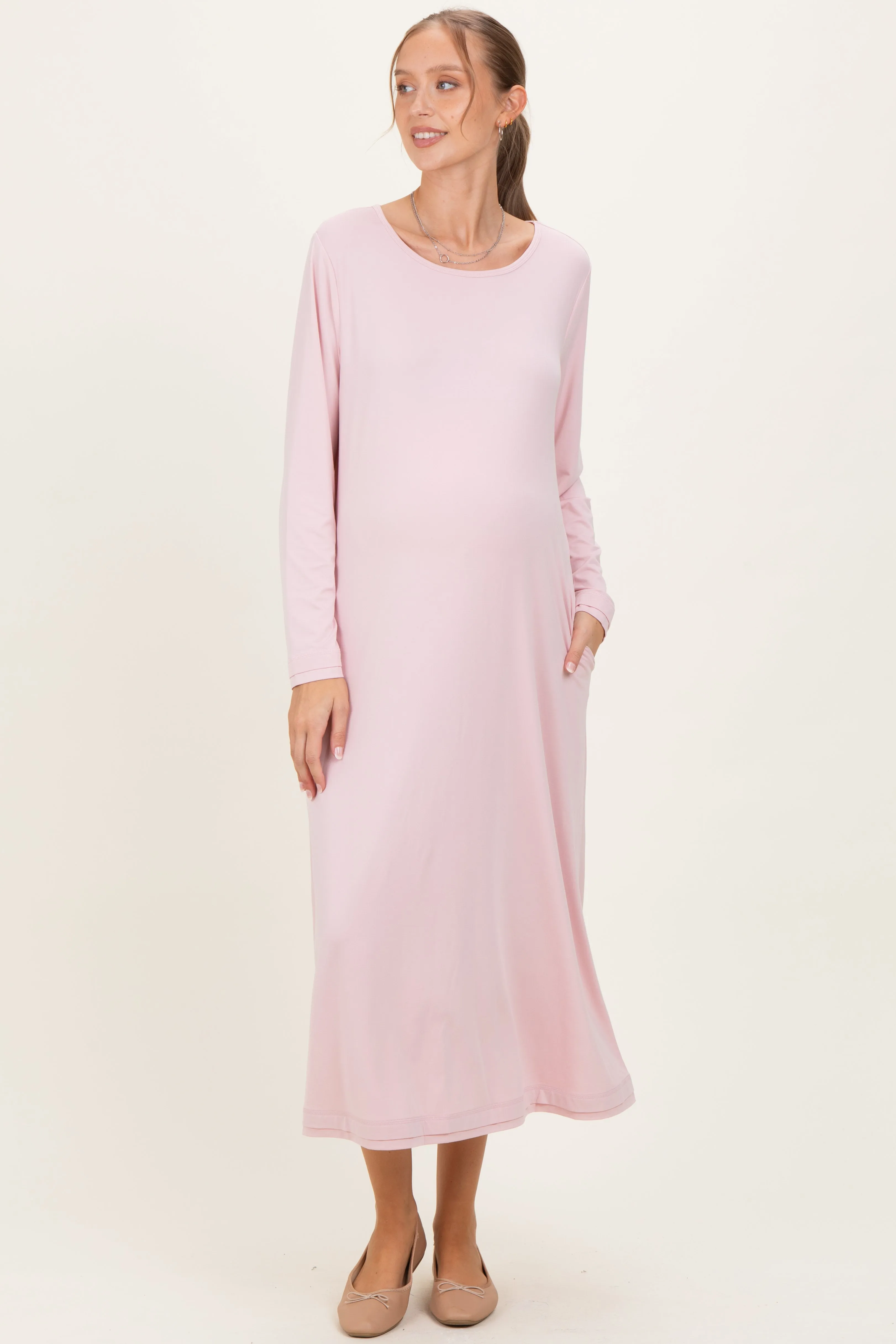 Blush Pink Relaxed Fit Long Sleeve Basic Maternity Dress sold by Pinkblush product image thumbnail 2