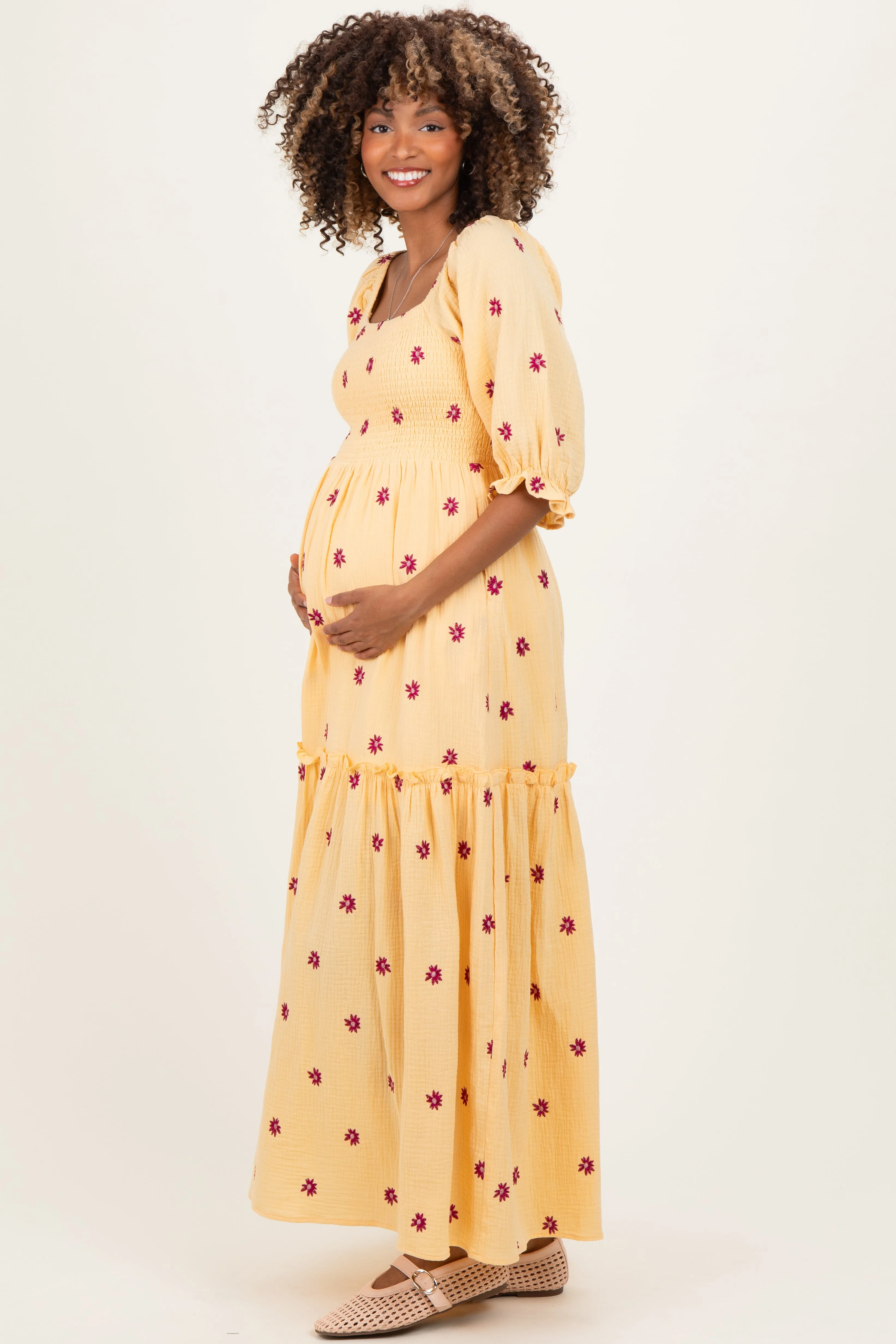 Yellow Floral Smocked Puff Sleeve Maternity Maxi Dress sold by Pinkblush product image thumbnail 2