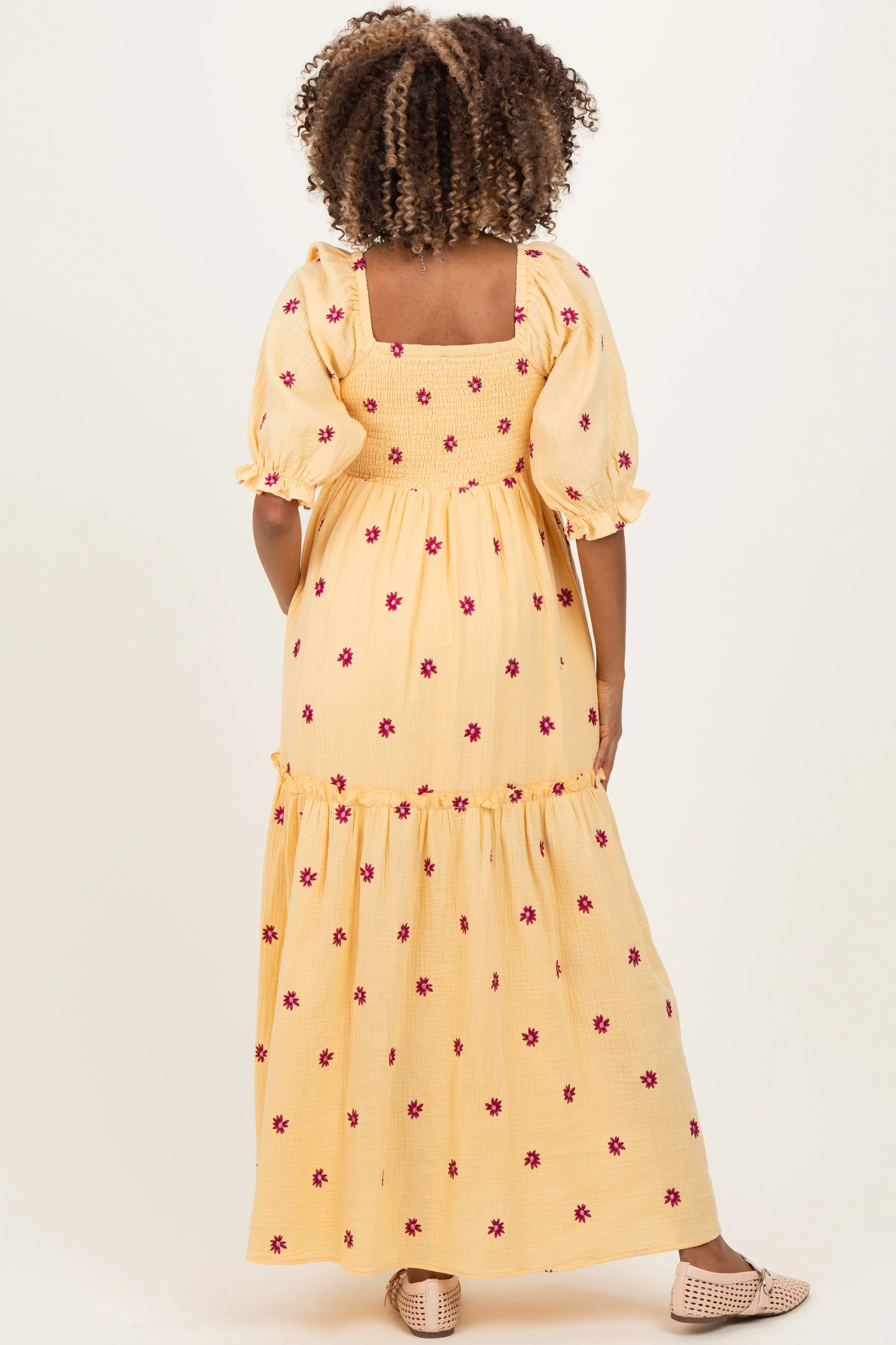 Yellow Floral Smocked Puff Sleeve Maternity Maxi Dress sold by Pinkblush product image thumbnail 3