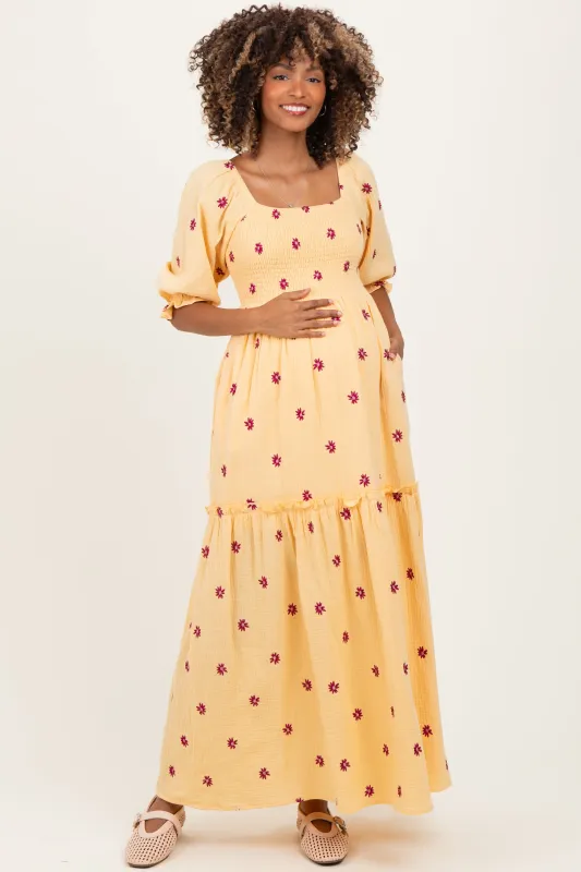 Yellow Floral Smocked Puff Sleeve Maternity Maxi Dress sold by Pinkblush