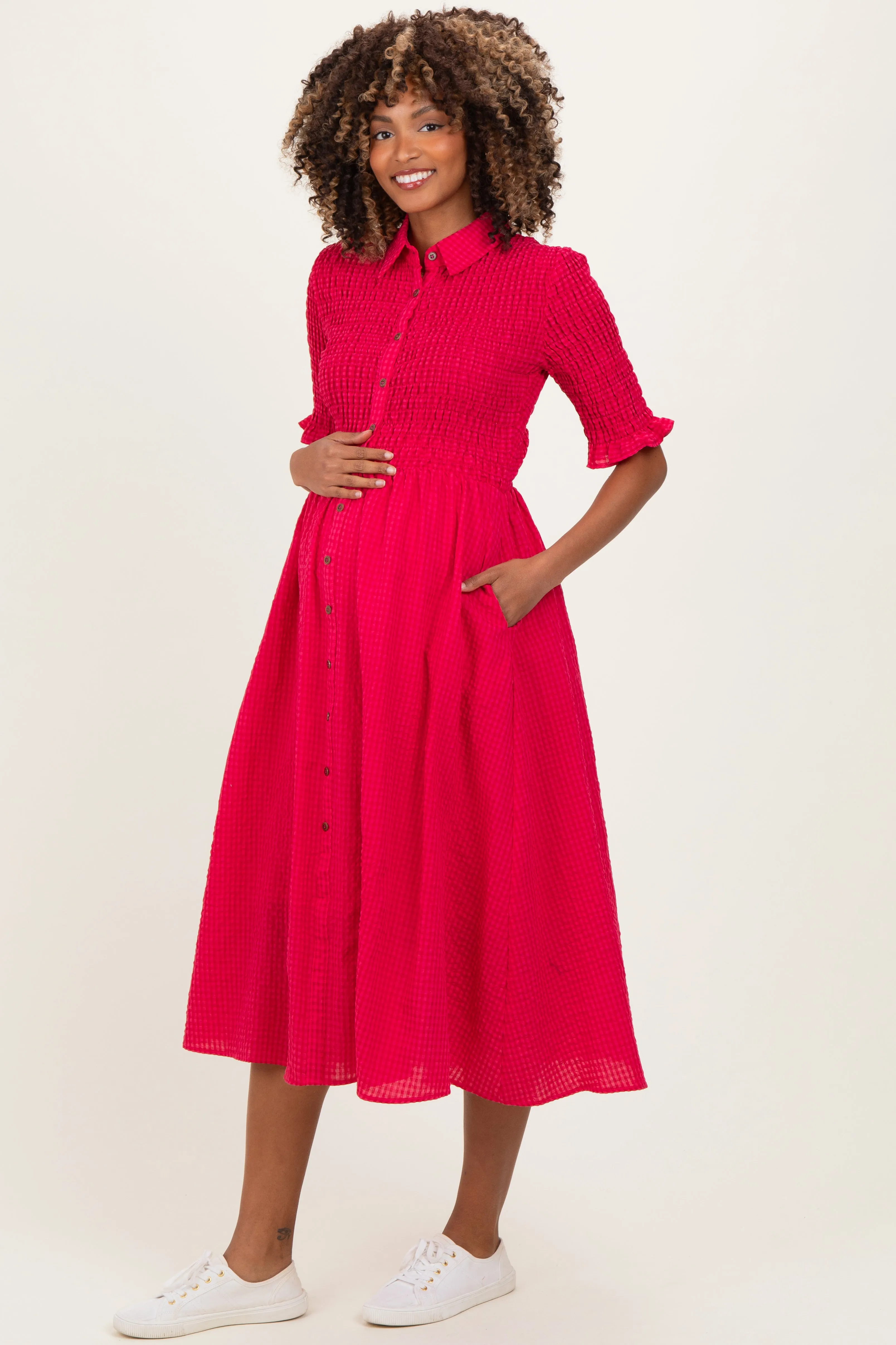Red Gingham Smocked Button Down Maternity Midi Dress sold by Pinkblush product image thumbnail 3
