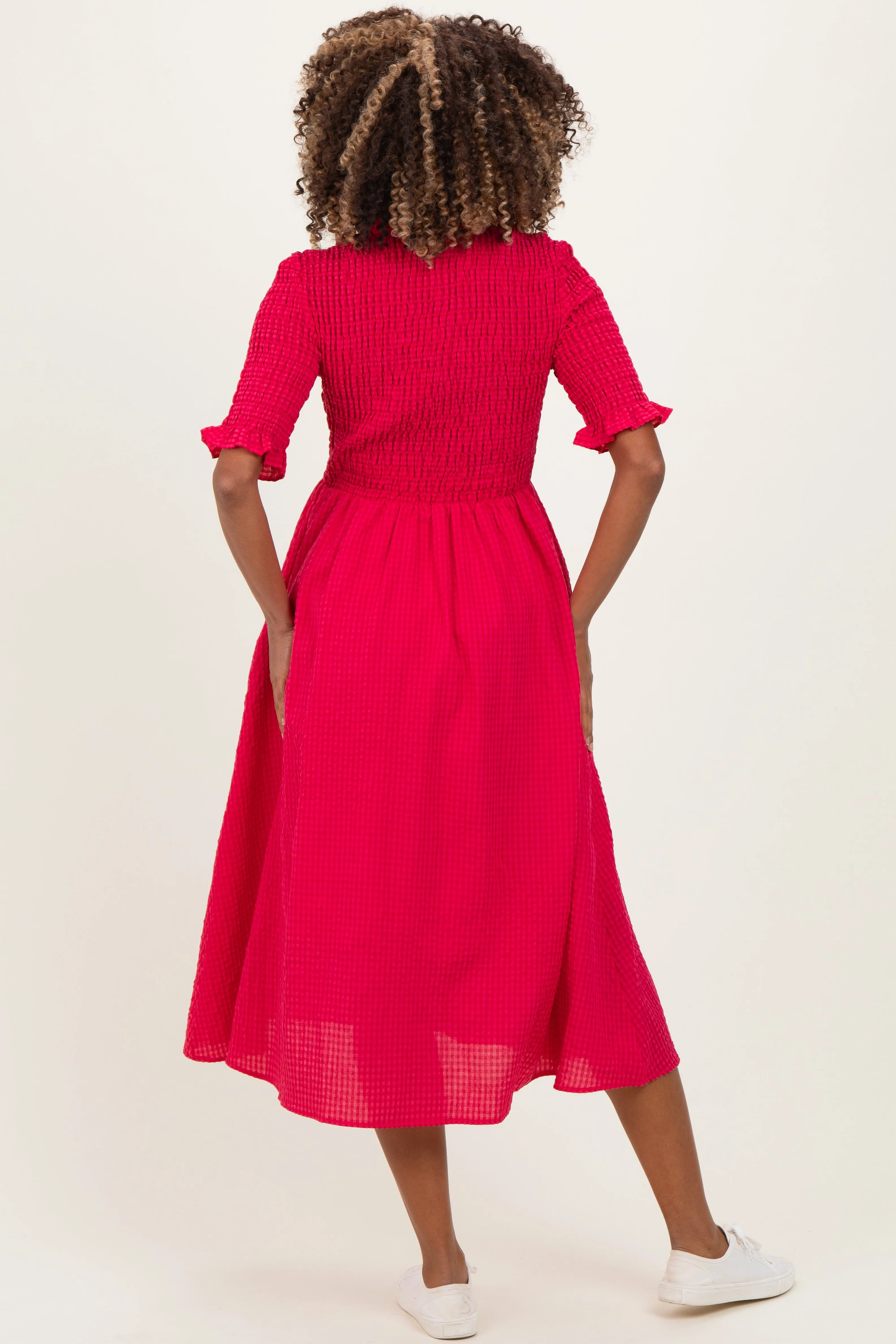 Red Gingham Smocked Button Down Maternity Midi Dress sold by Pinkblush product image thumbnail 4