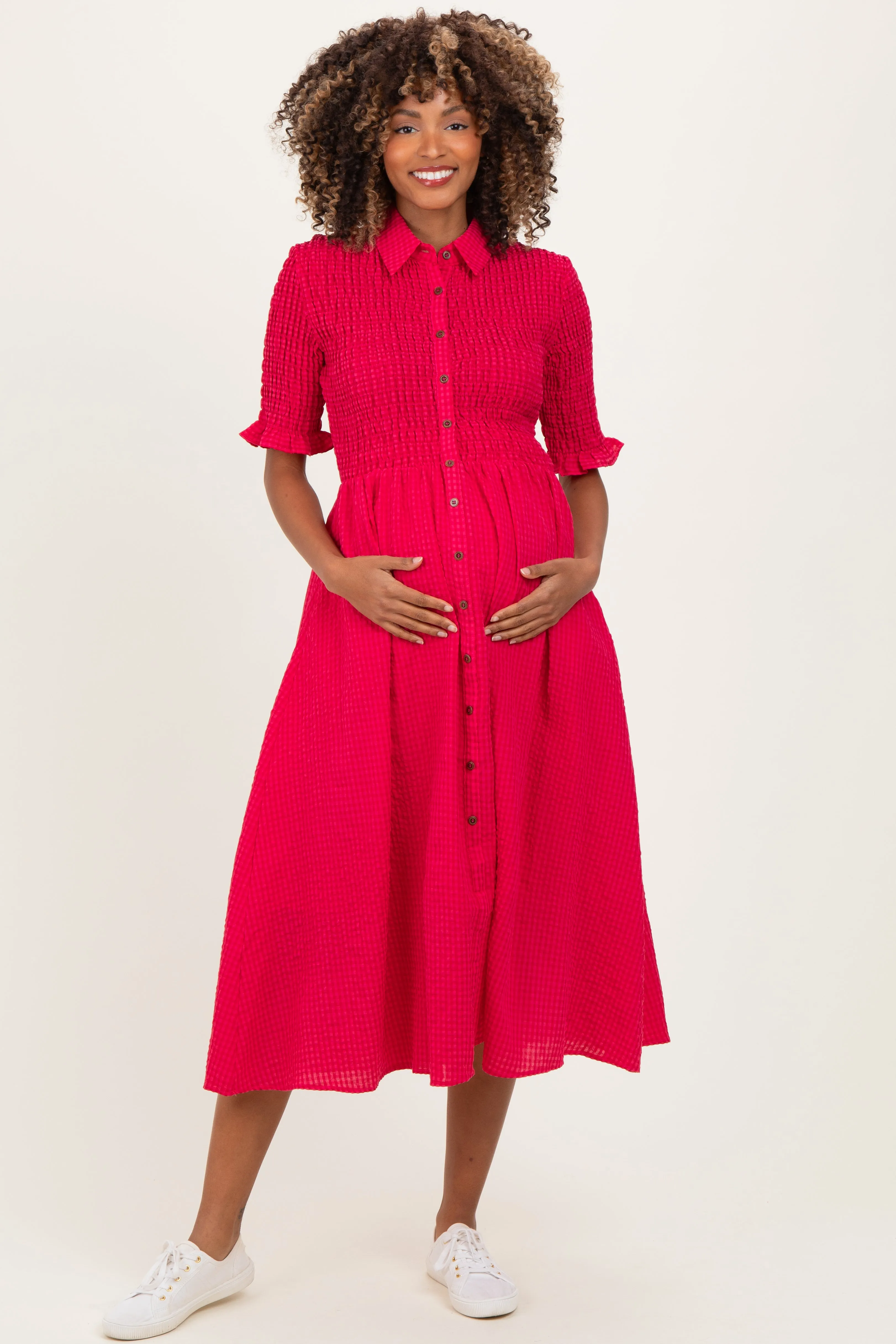 Red Gingham Smocked Button Down Maternity Midi Dress sold by Pinkblush product image thumbnail 2