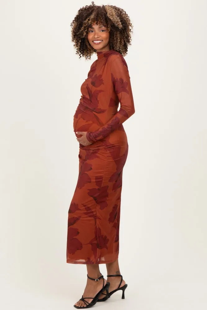 Rust Floral Mesh Ruched Long Sleeve Maternity Midi Dress sold by Pinkblush product image thumbnail 3