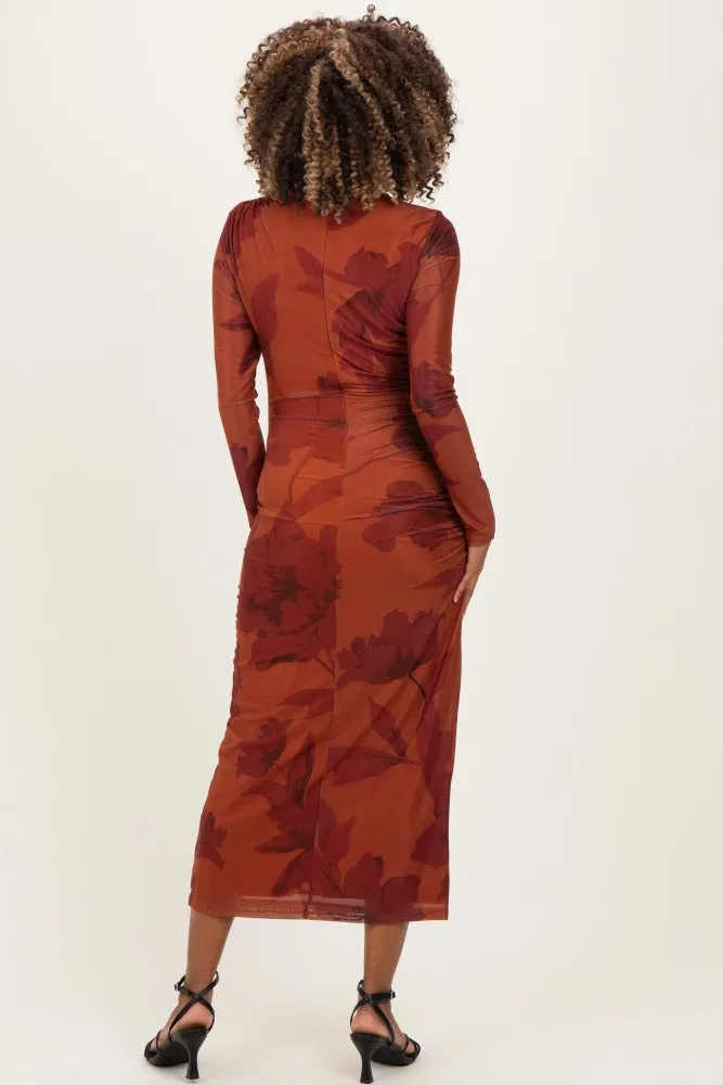 Rust Floral Mesh Ruched Long Sleeve Maternity Midi Dress sold by Pinkblush product image thumbnail 4