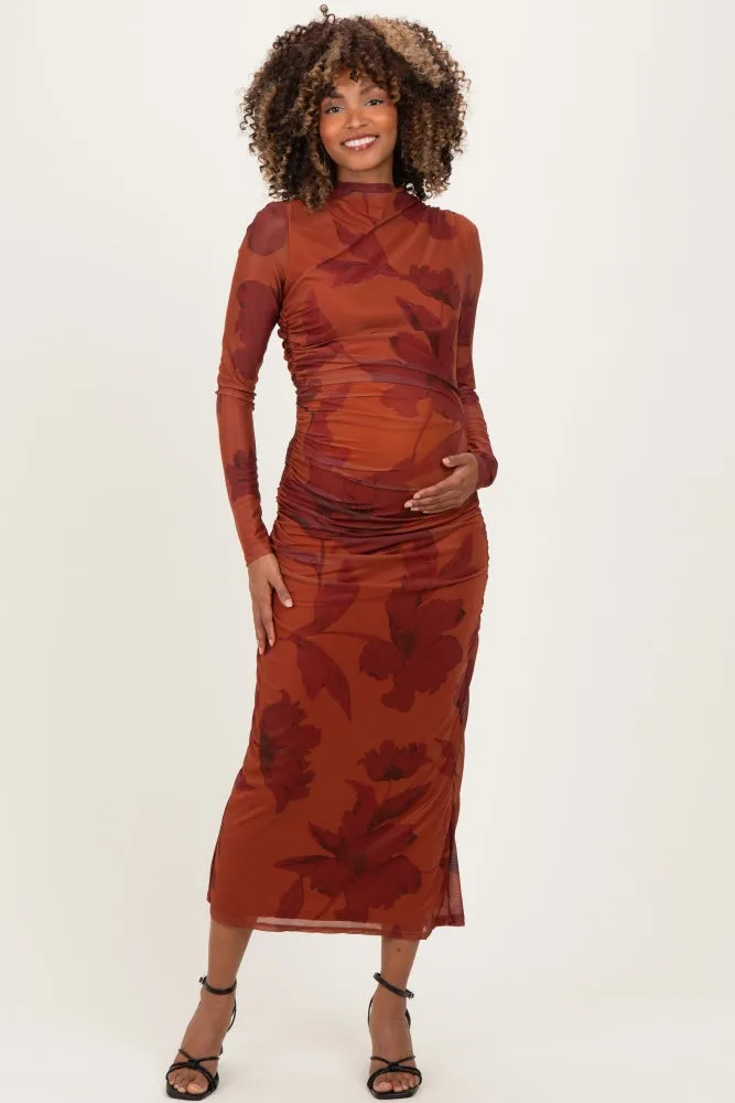 Rust Floral Mesh Ruched Long Sleeve Maternity Midi Dress sold by Pinkblush