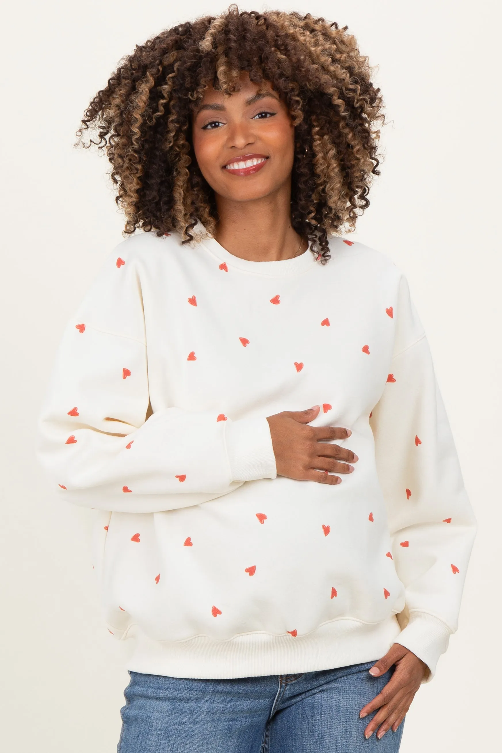Cream Crew Neck Heart Print Maternity Sweatshirt sold by Pinkblush product image thumbnail 2