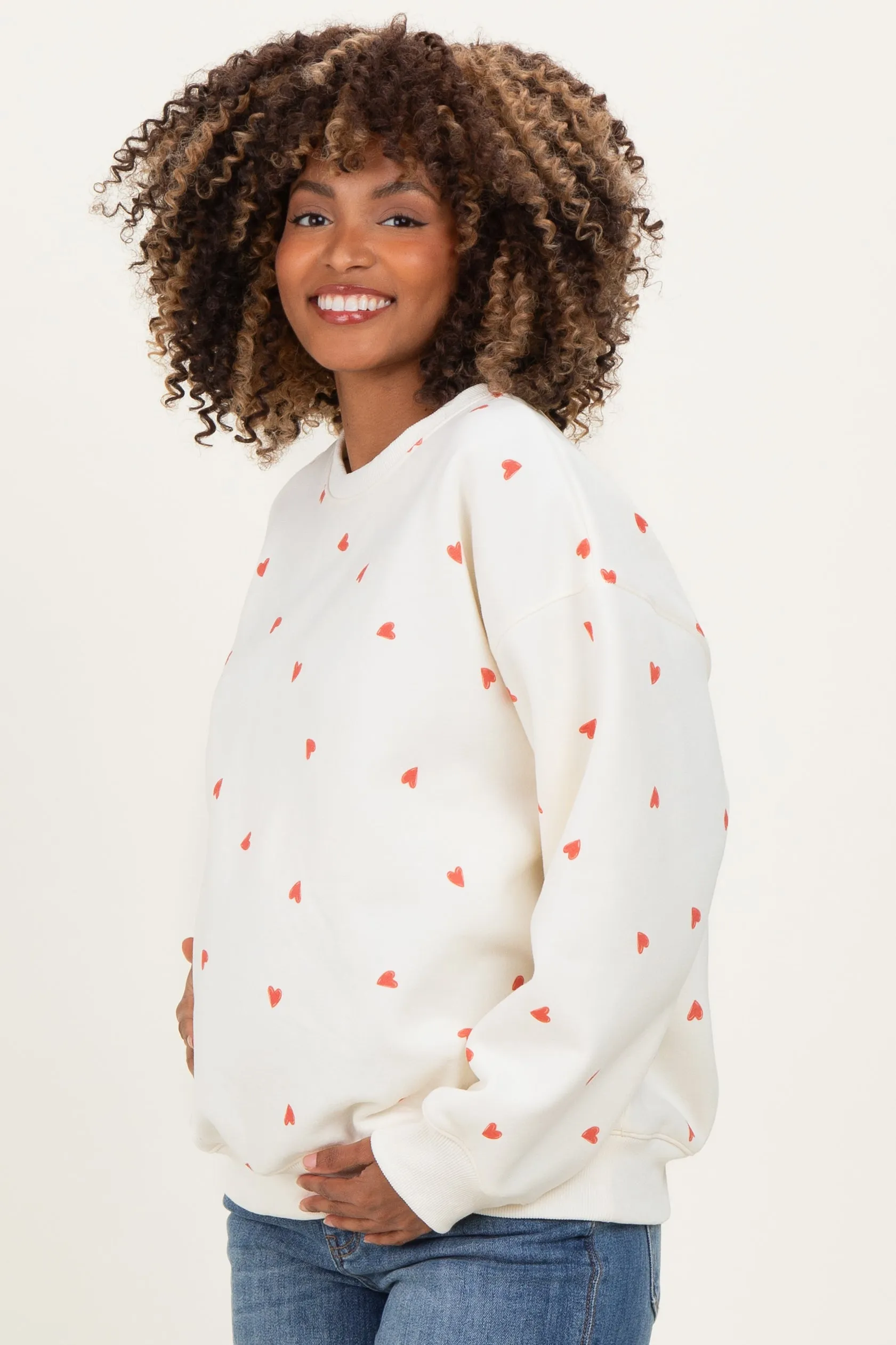 Cream Crew Neck Heart Print Maternity Sweatshirt sold by Pinkblush product image thumbnail 3