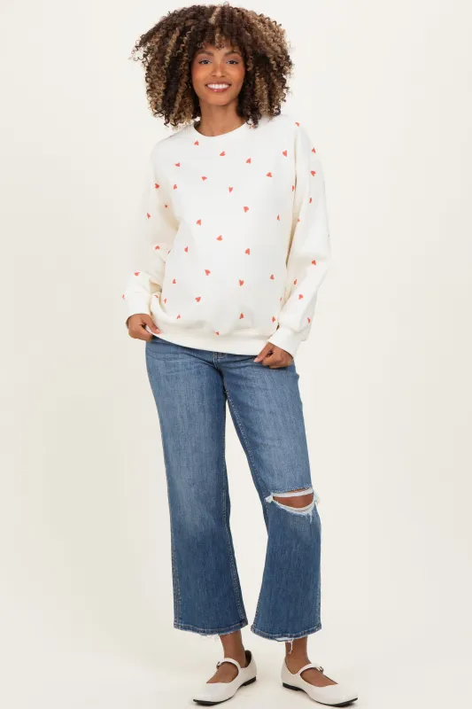 Cream Crew Neck Heart Print Maternity Sweatshirt made by Gilli