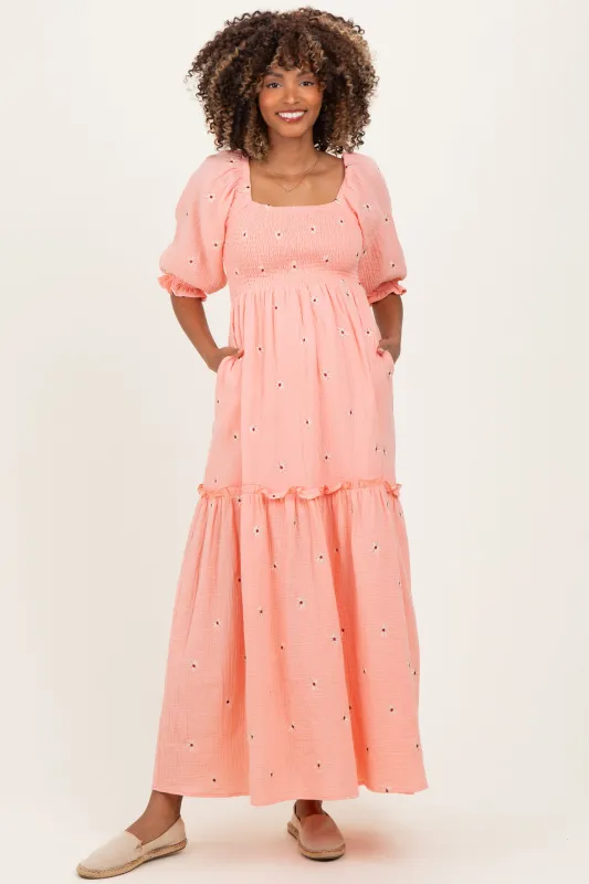 Light Pink Floral Smocked Puff Sleeve Maternity Maxi Dress sold by Pinkblush