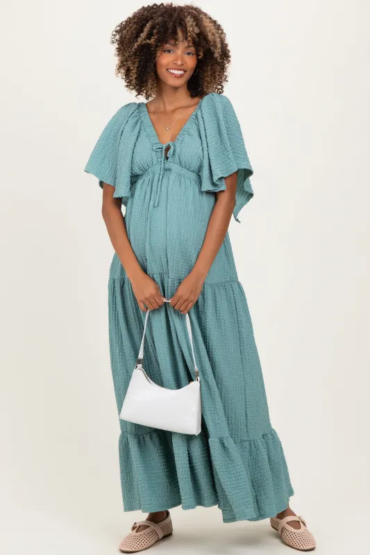 Sage Woven Textured Flutter Sleeve V-Neck Tiered Maternity Maxi Dress sold by Pinkblush