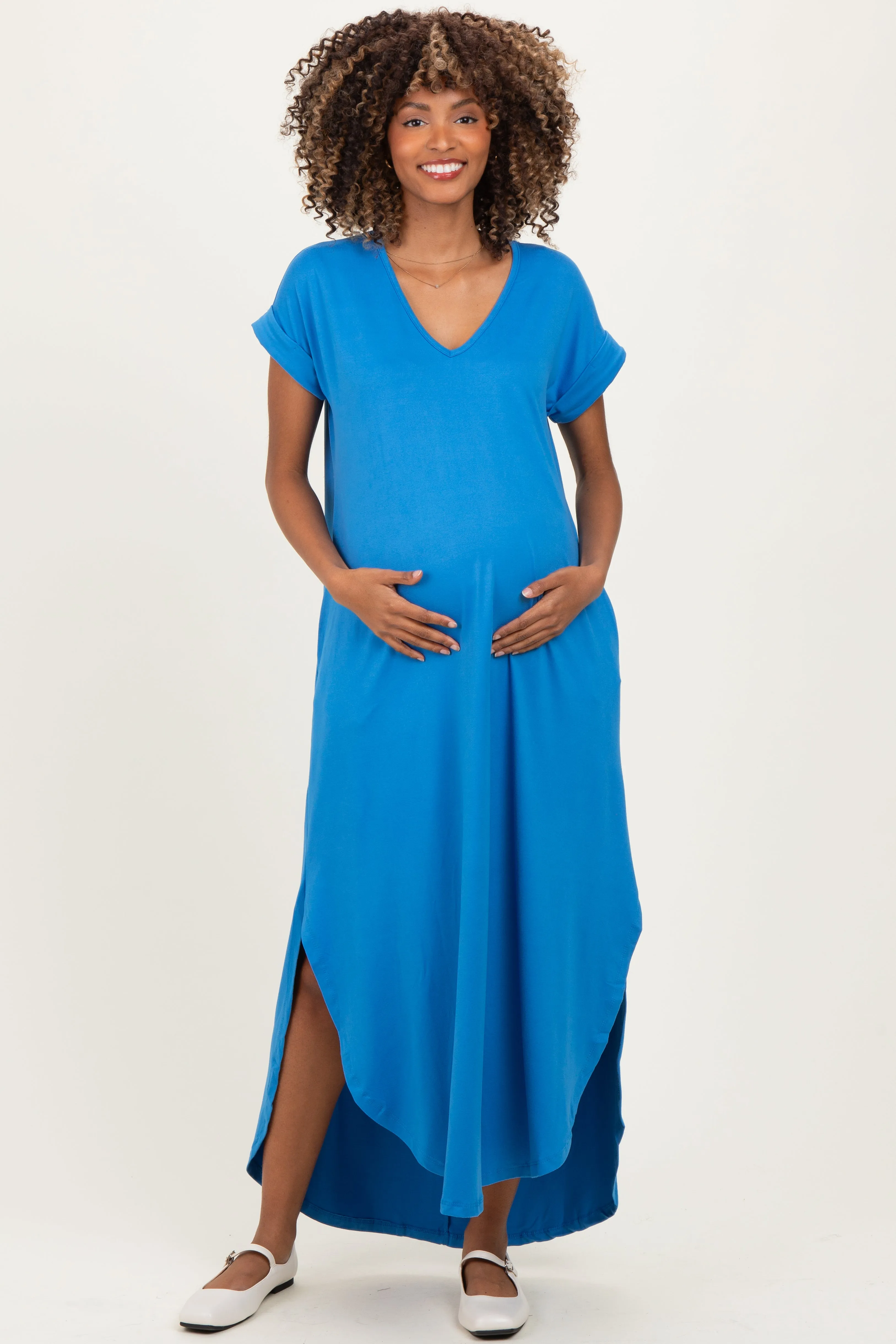Aqua Blue Side Slit Maternity Maxi Dress sold by Pinkblush