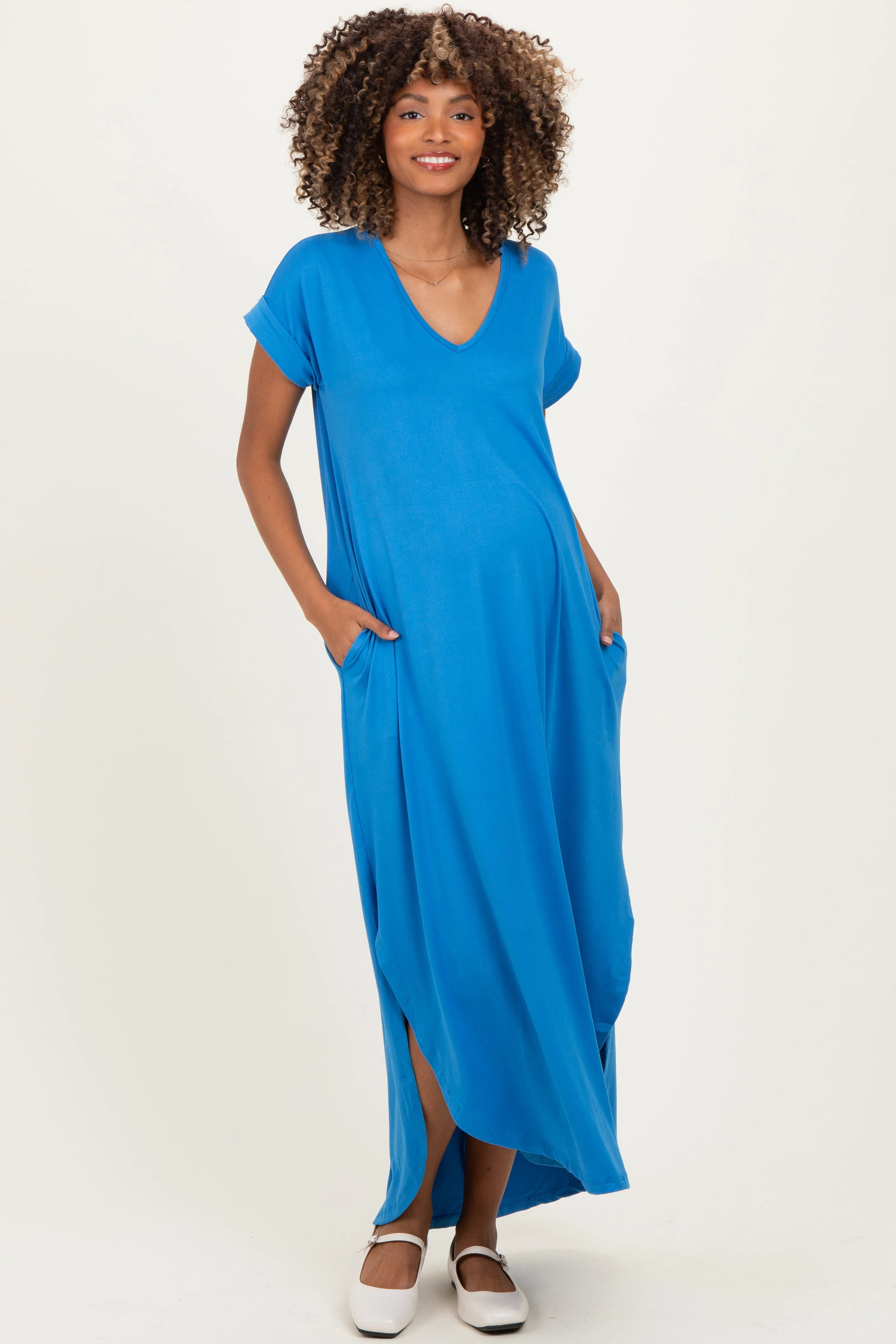 Aqua Blue Side Slit Maternity Maxi Dress sold by Pinkblush product image thumbnail 2