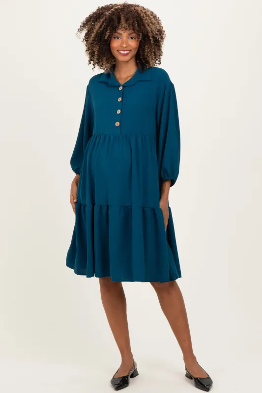 Dark Teal Long Sleeve Button Down Collared Tiered Maternity Dress sold by Pinkblush