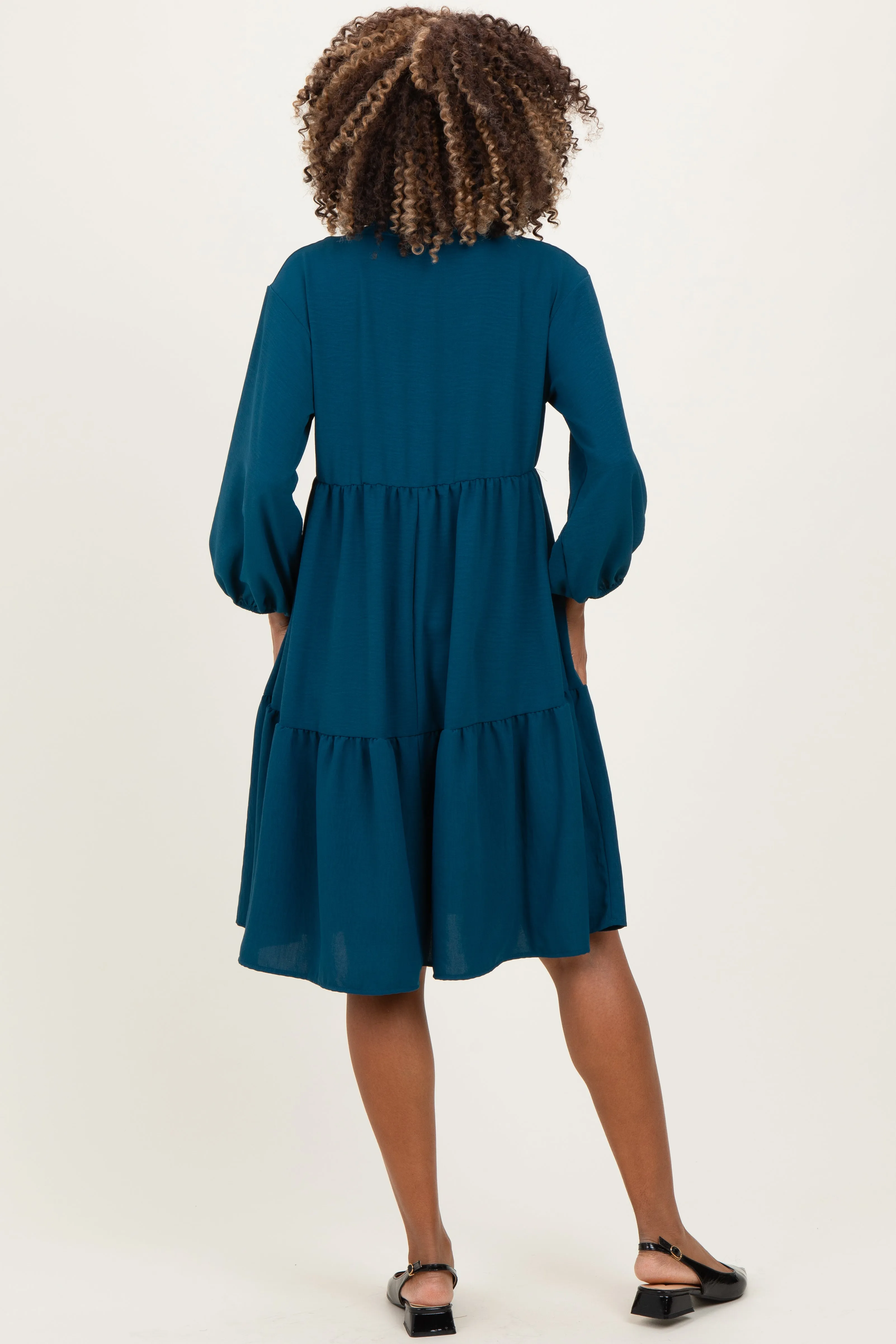 Dark Teal Long Sleeve Button Down Collared Tiered Maternity Dress sold by Pinkblush product image thumbnail 3