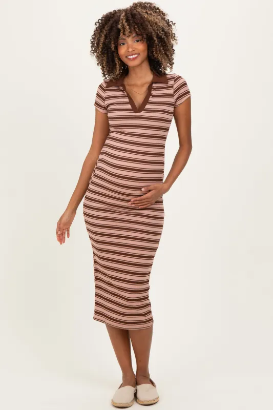 Light Pink Striped Collared Maternity Midi Dress sold by Pinkblush