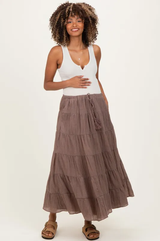 Mocha Tiered Drawstring Maternity Maxi Skirt sold by Pinkblush