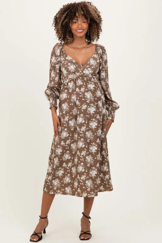 Mocha Floral Crossover Neckline Maternity Midi Dress sold by Pinkblush