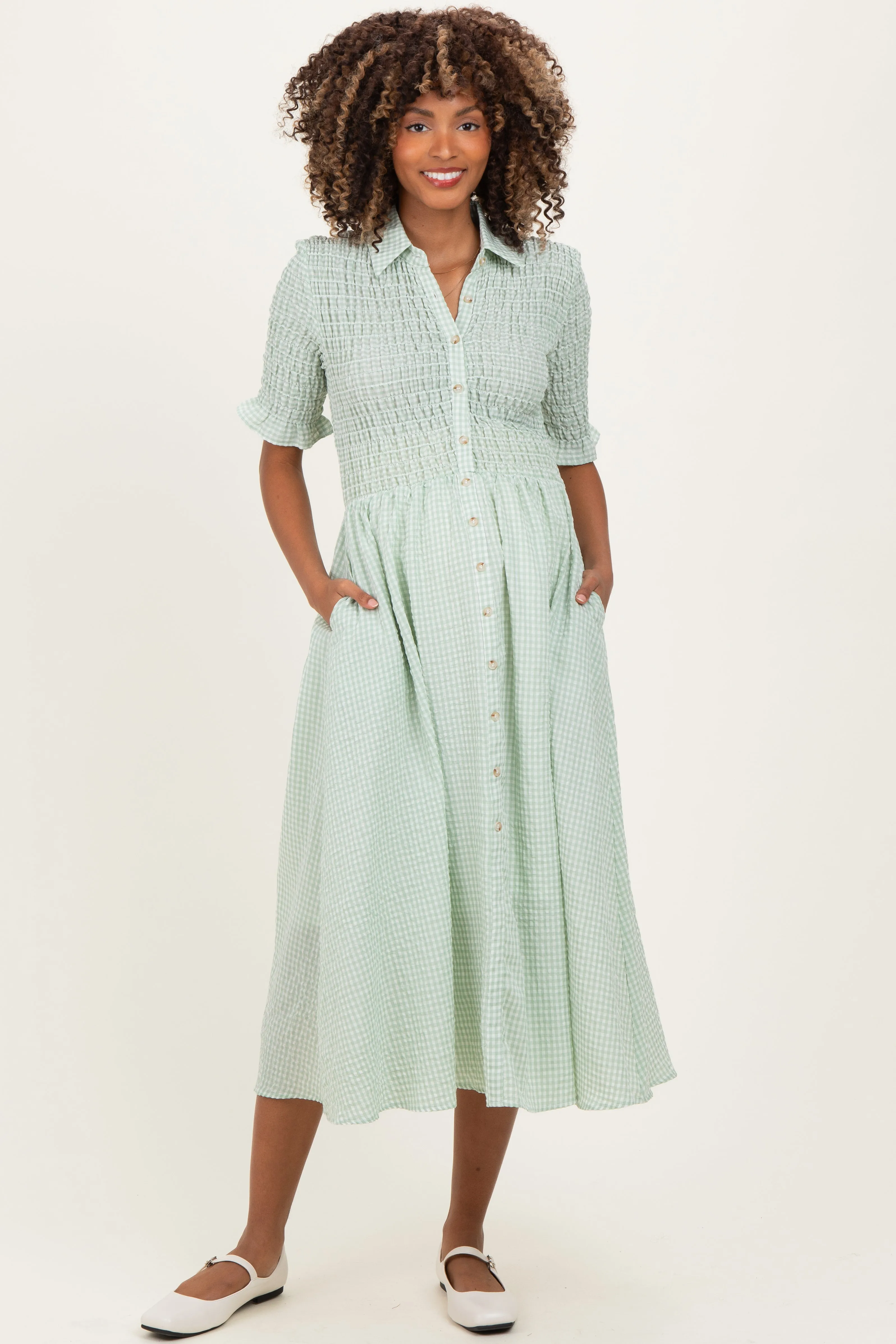 Sage Gingham Smocked Button Down Maternity Midi Dress sold by Pinkblush