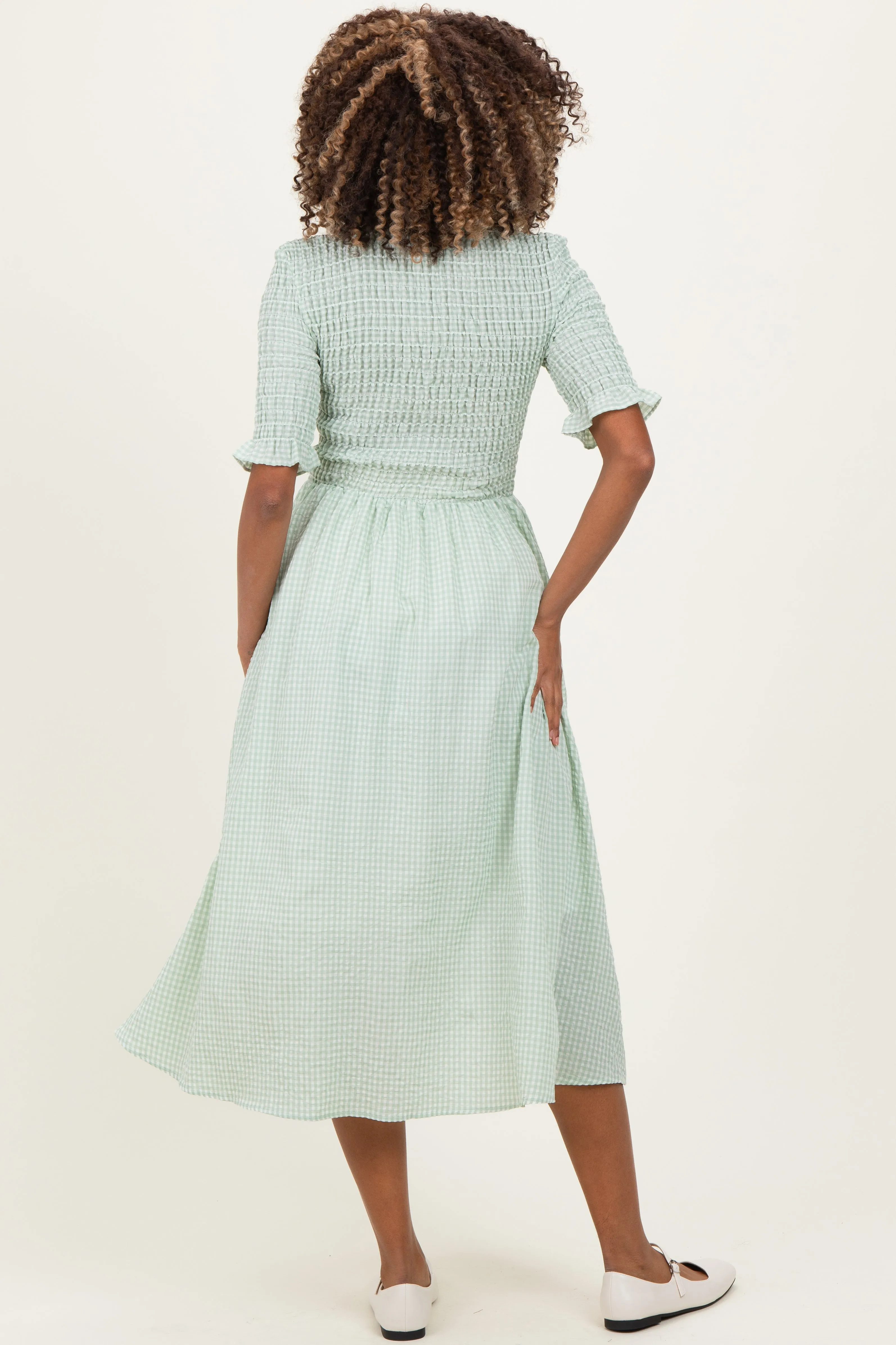 Sage Gingham Smocked Button Down Maternity Midi Dress sold by Pinkblush product image thumbnail 2