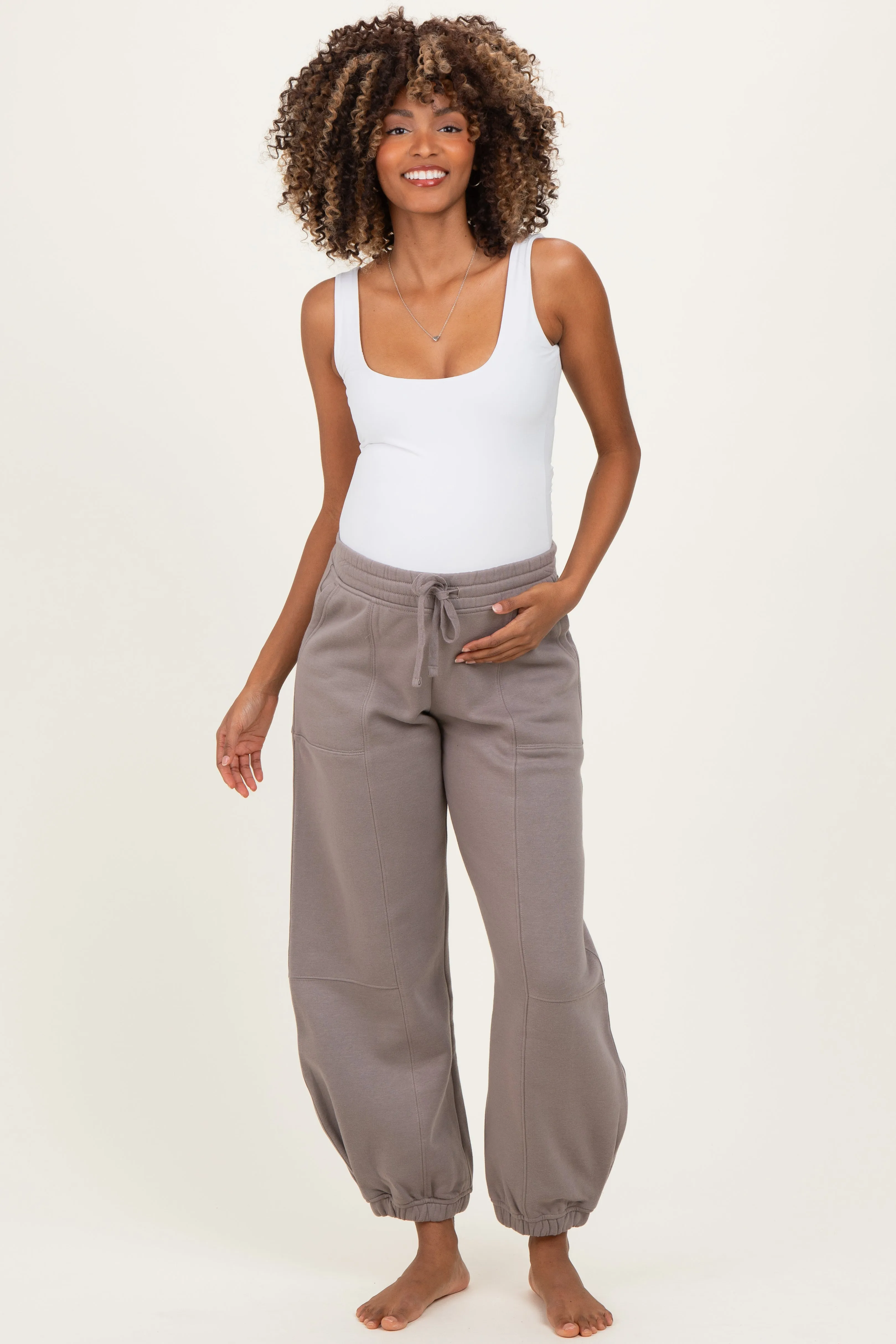 Camel Multi Seam Fleece Maternity Sweatpants sold by Pinkblush product image thumbnail 2