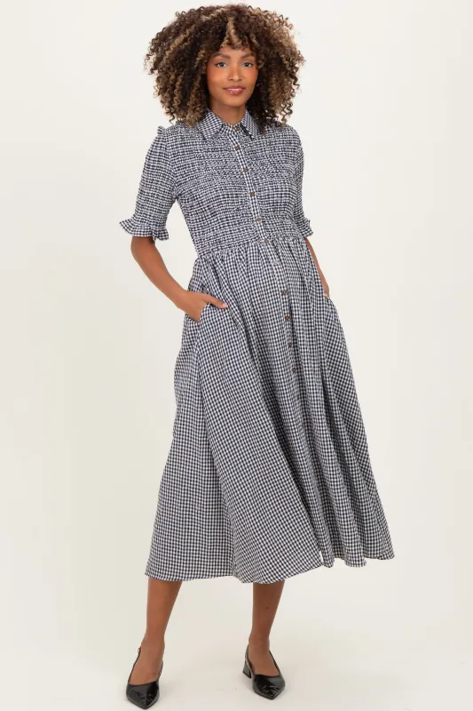 Black Gingham Smocked Button Down Maternity Midi Dress sold by Pinkblush