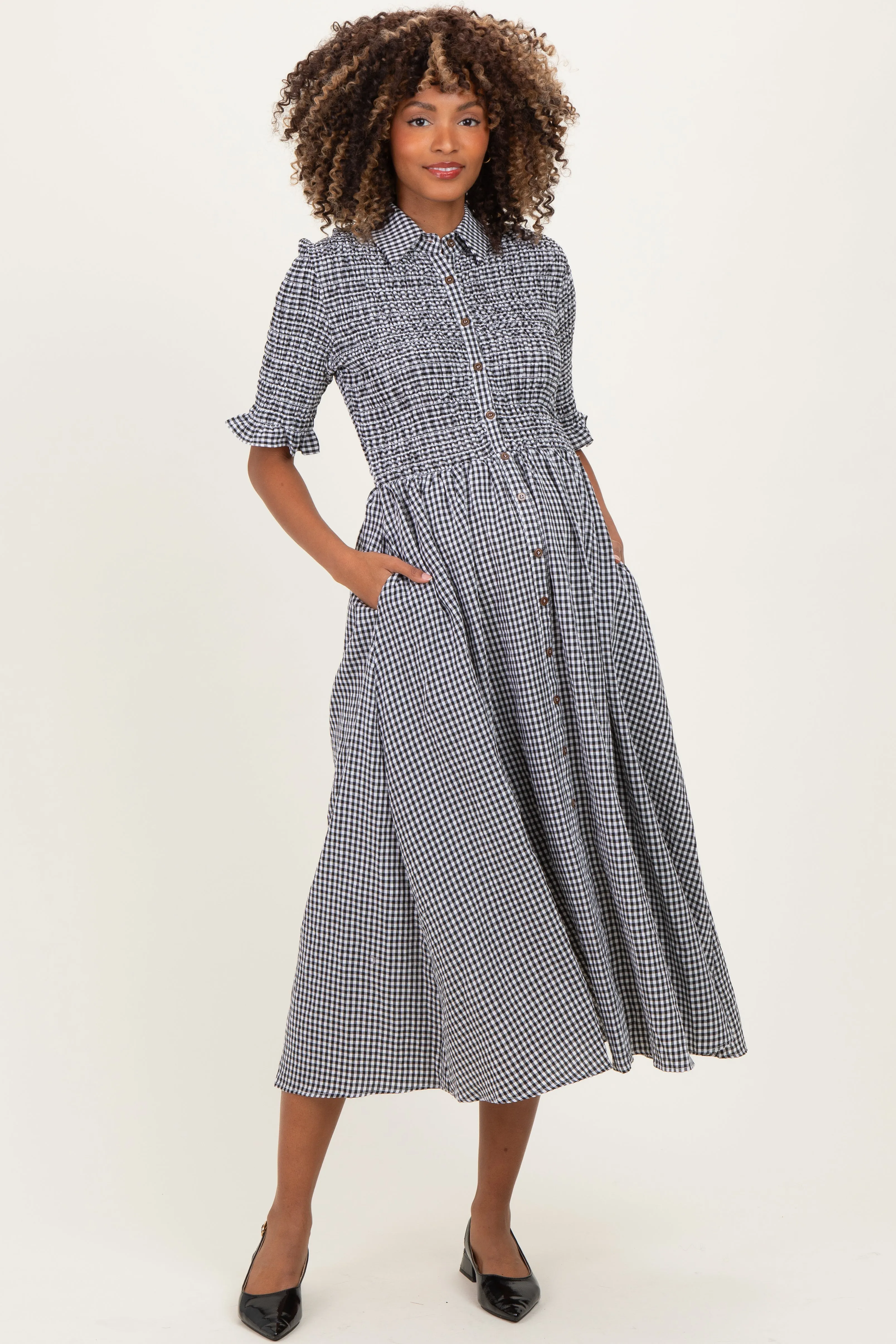 Black Gingham Smocked Button Down Maternity Midi Dress sold by Pinkblush