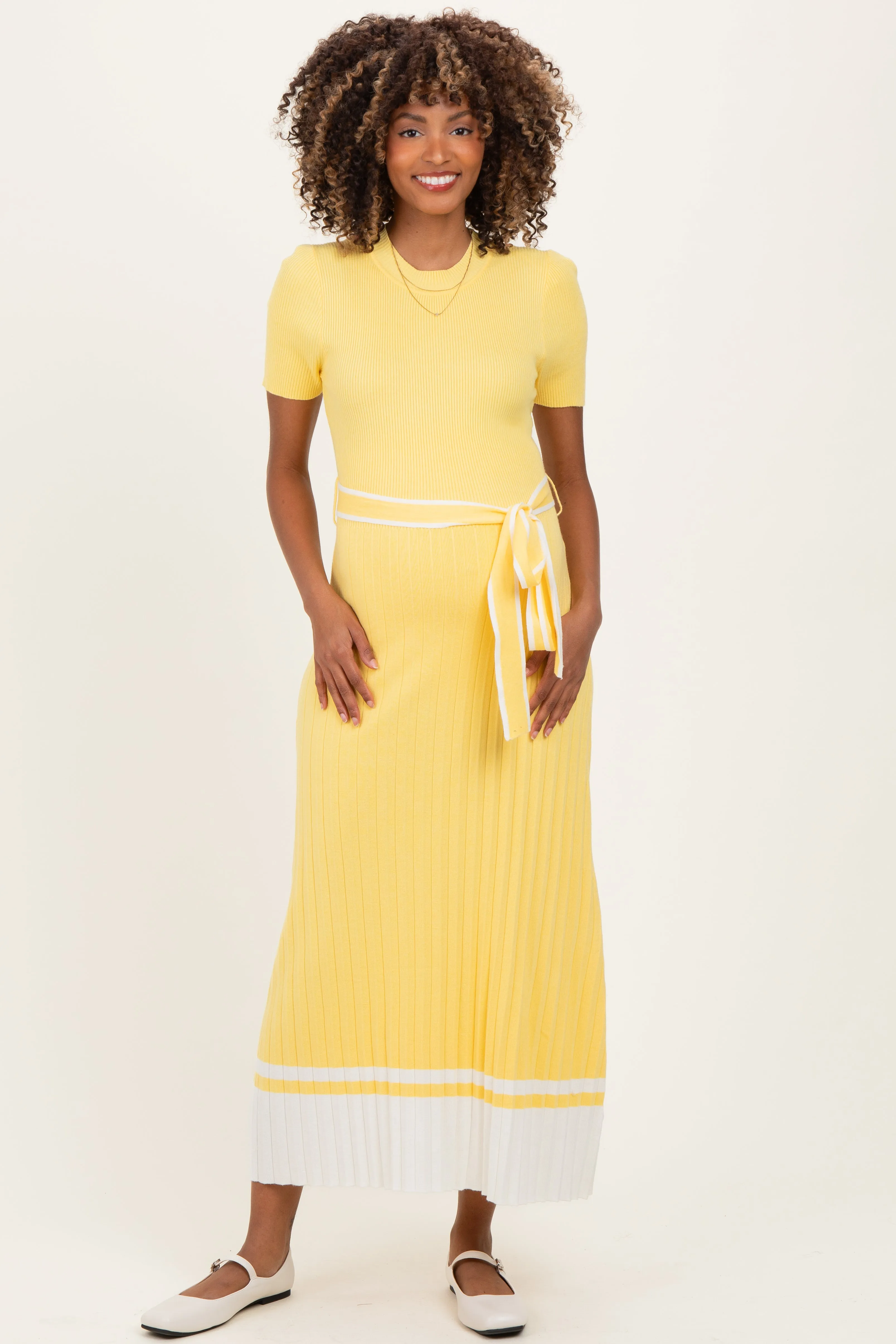 Yellow Knit Pleated Sash Tie Maternity Midi Dress sold by Pinkblush
