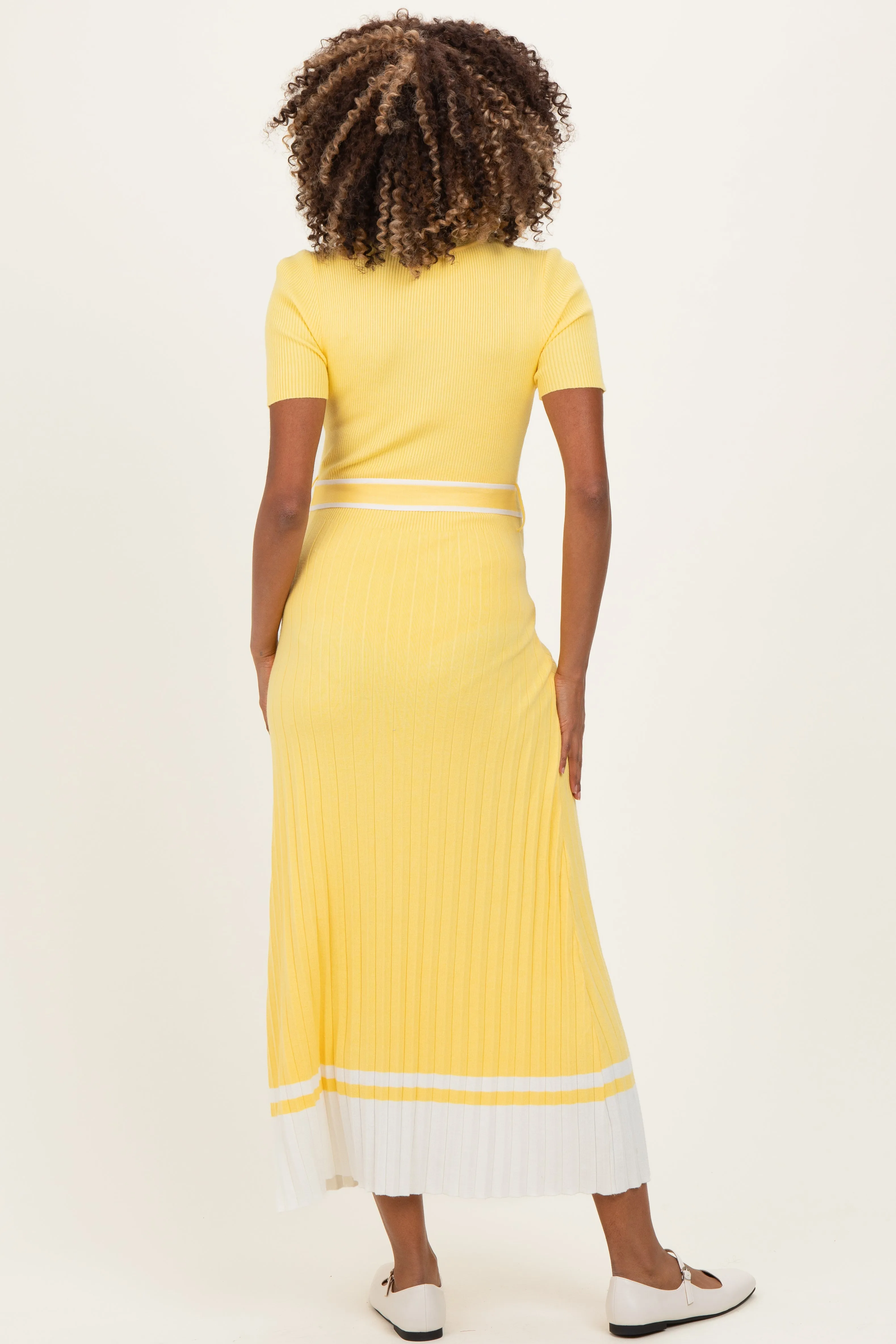 Yellow Knit Pleated Sash Tie Maternity Midi Dress sold by Pinkblush product image thumbnail 2