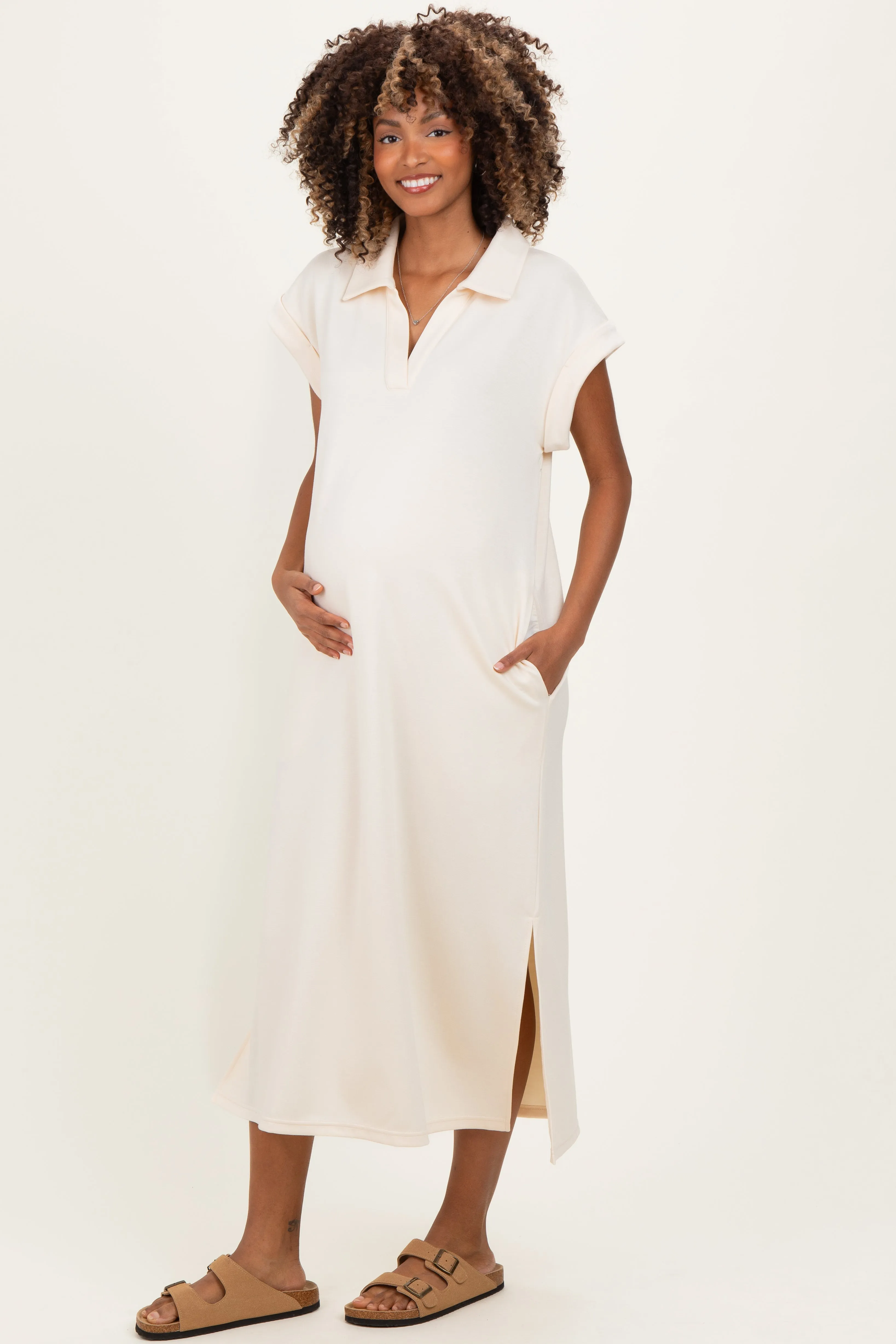 Oatmeal Collared Oversized Maternity Midi Dress sold by Pinkblush product image thumbnail 2