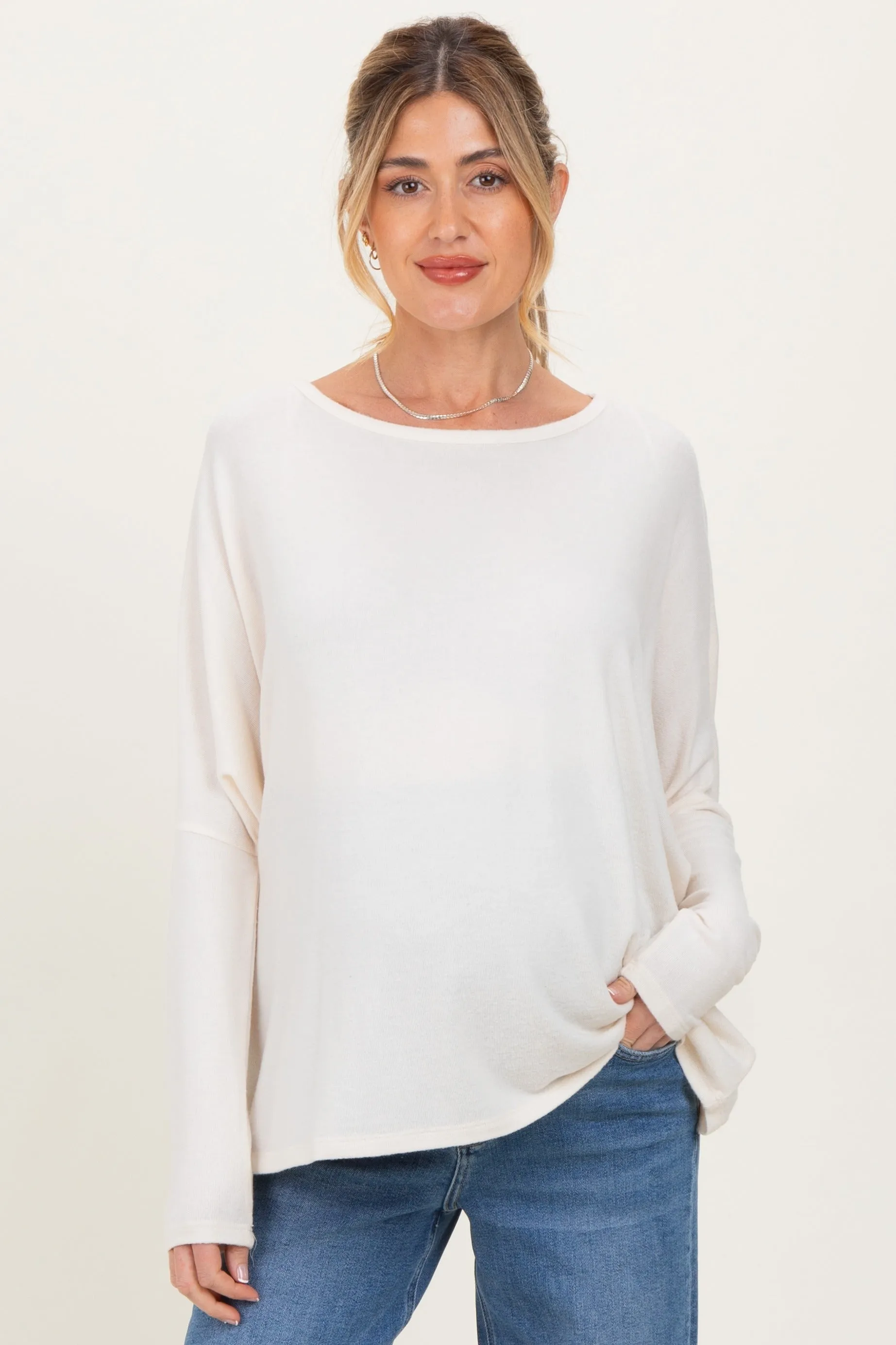 Cream Relaxed Fit Dolman Long Sleeve Maternity Top sold by Pinkblush